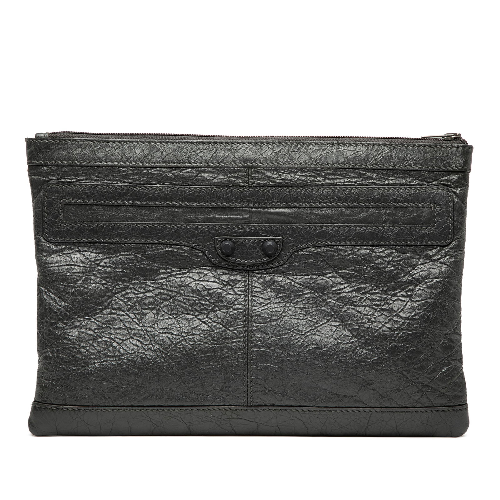 Balenciaga Motocross Classic Clip M Lambskin Leather Black Clutch Bag: Balenciaga Motocross Classic Clip M Lambskin Leather Black Clutch Bag This Balenciaga clutch features a lambskin leather body in black with a top zip closure and an interior slip pocket. The item show
