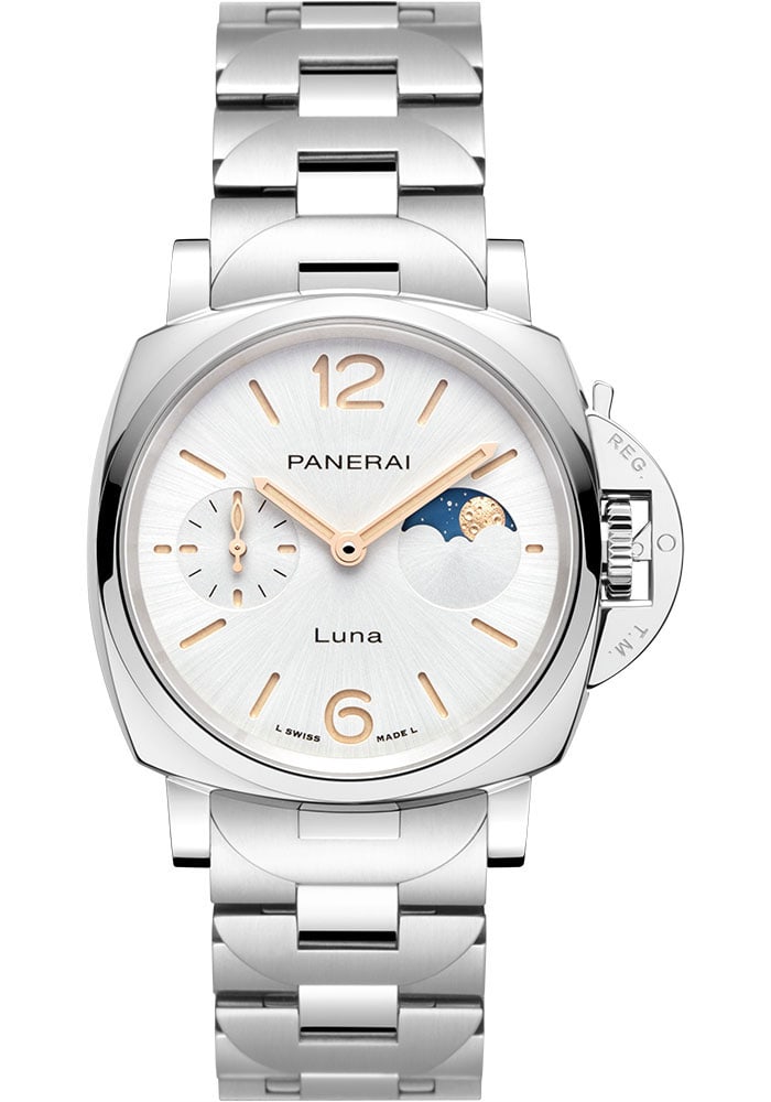 Panerai Luminor Due Luna PAM01301 White Dial Steel Bracelet: Panerai Luminor Due Luna PAM01301 White Dial Steel Bracelet This Panerai Luminor Due Luna features a white dial and a smooth bezel, complemented by a stainless steel bracelet. The watch is identified 