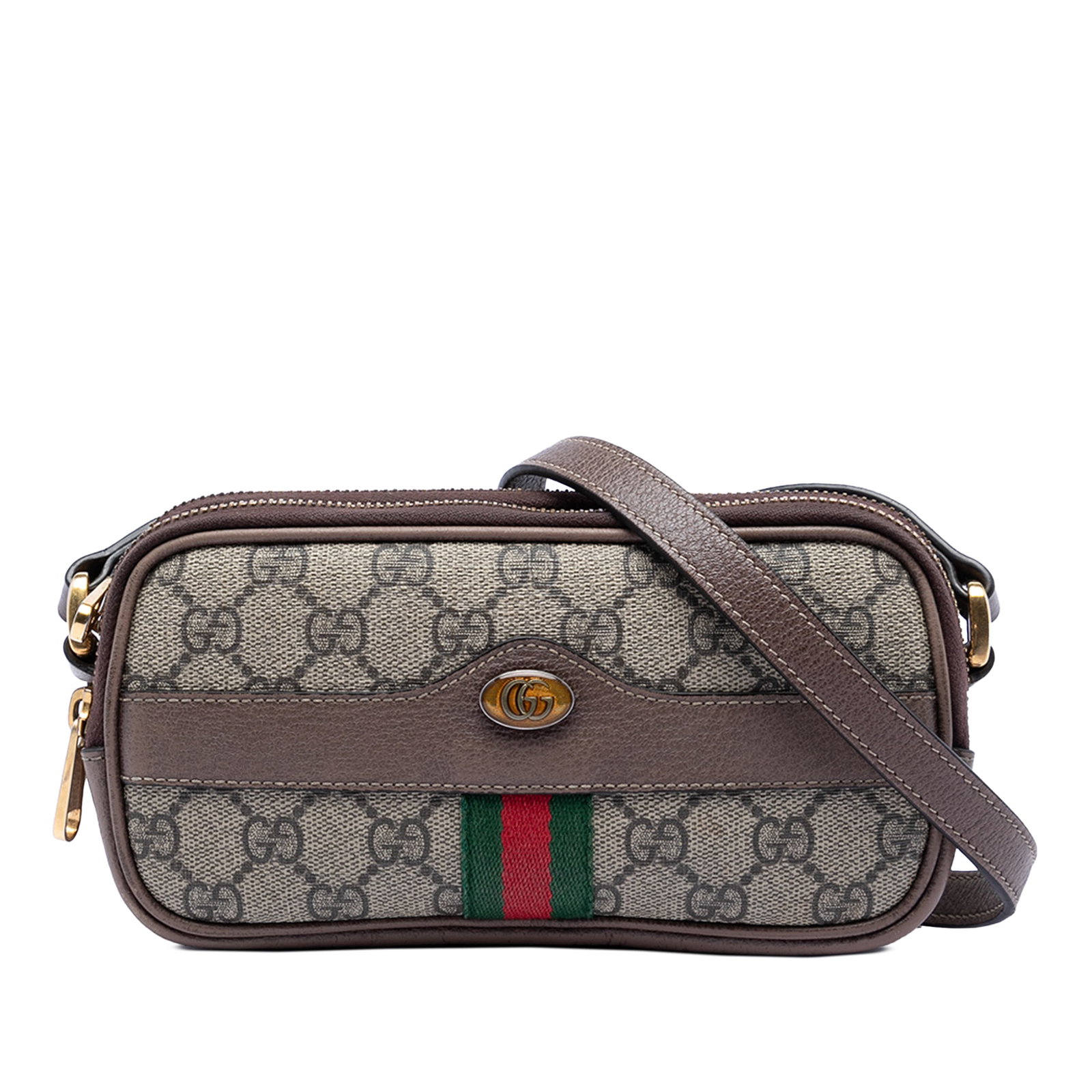 Gucci Ophidia Mini GG Supreme crossbody bag triple zip: Gucci Ophidia Mini GG Supreme crossbody bag triple zip This Gucci Mini GG Supreme Web Ophidia Triple Zip Crossbody is crafted from coated canvas with leather trim. It features an adjustable flat leath