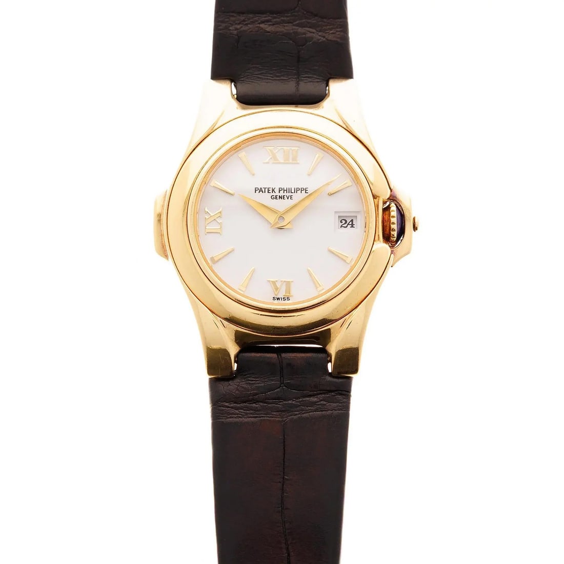 Calatrava 4890J Ladies Quartz 18K Gold Wristwatch with Leather Band: Calatrava 4890J Ladies Quartz 18K Gold Wristwatch with Leather Band This Patek Philippe Calatrava 4890J is a luxury wristwatch crafted for women, featuring a 26 mm round case in 18K yellow gold with a