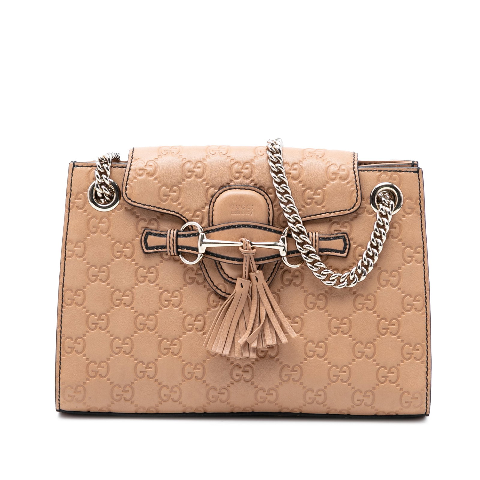 Gucci Emily beige embossed leather shoulder bag: Gucci Emily beige embossed leather shoulder bag This Gucci Small Guccissima Emily Shoulder Bag is crafted from embossed leather in a beige hue and features chain link straps with leather shoulder guar