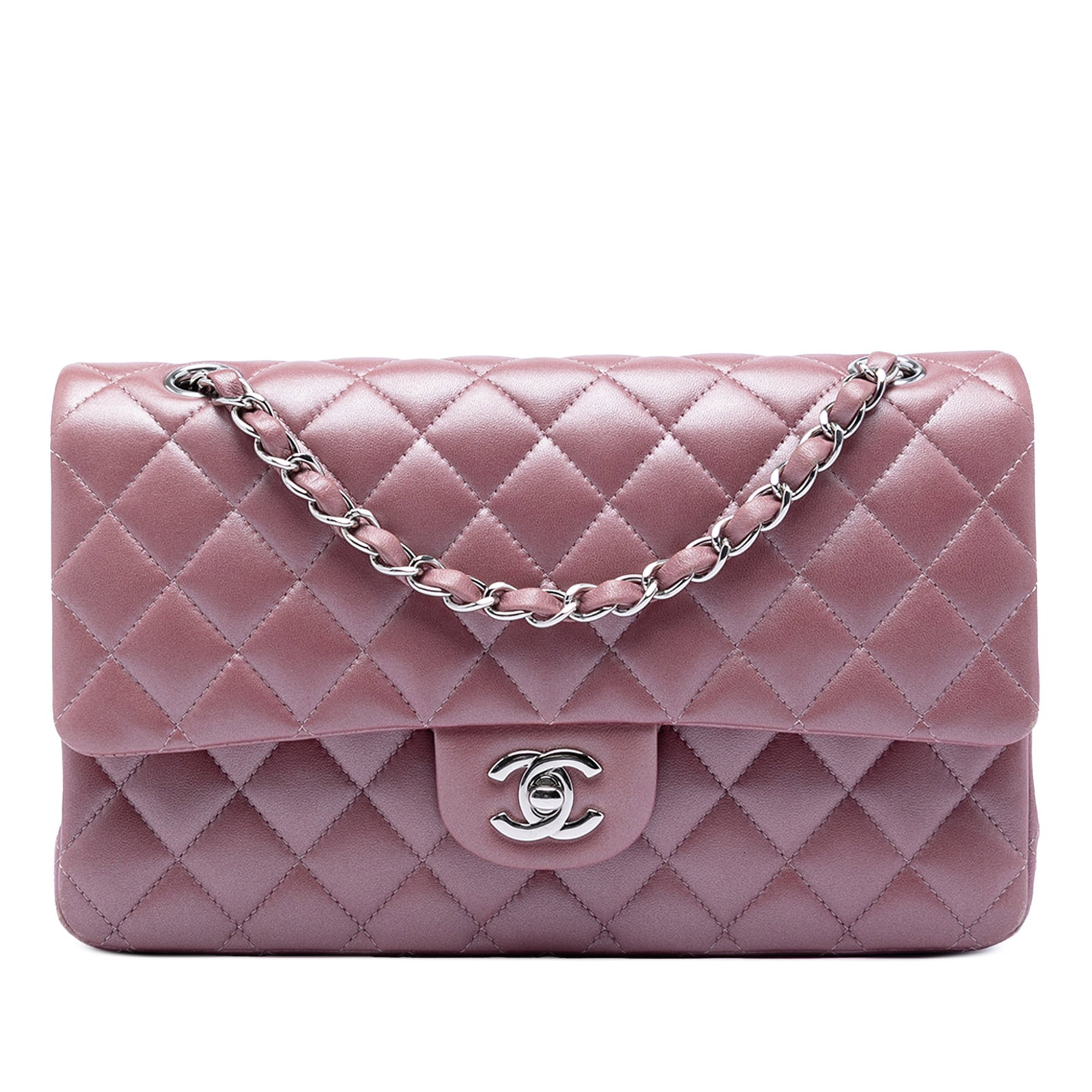Chanel Metallic Classic Medium Lambskin Flap Bag: Chanel Metallic Classic Medium Lambskin Flap Bag This Chanel Medium Metallic Classic Lambskin Double Flap shoulder bag features a quilted lambskin leather body in pink, complemented by leather-woven c