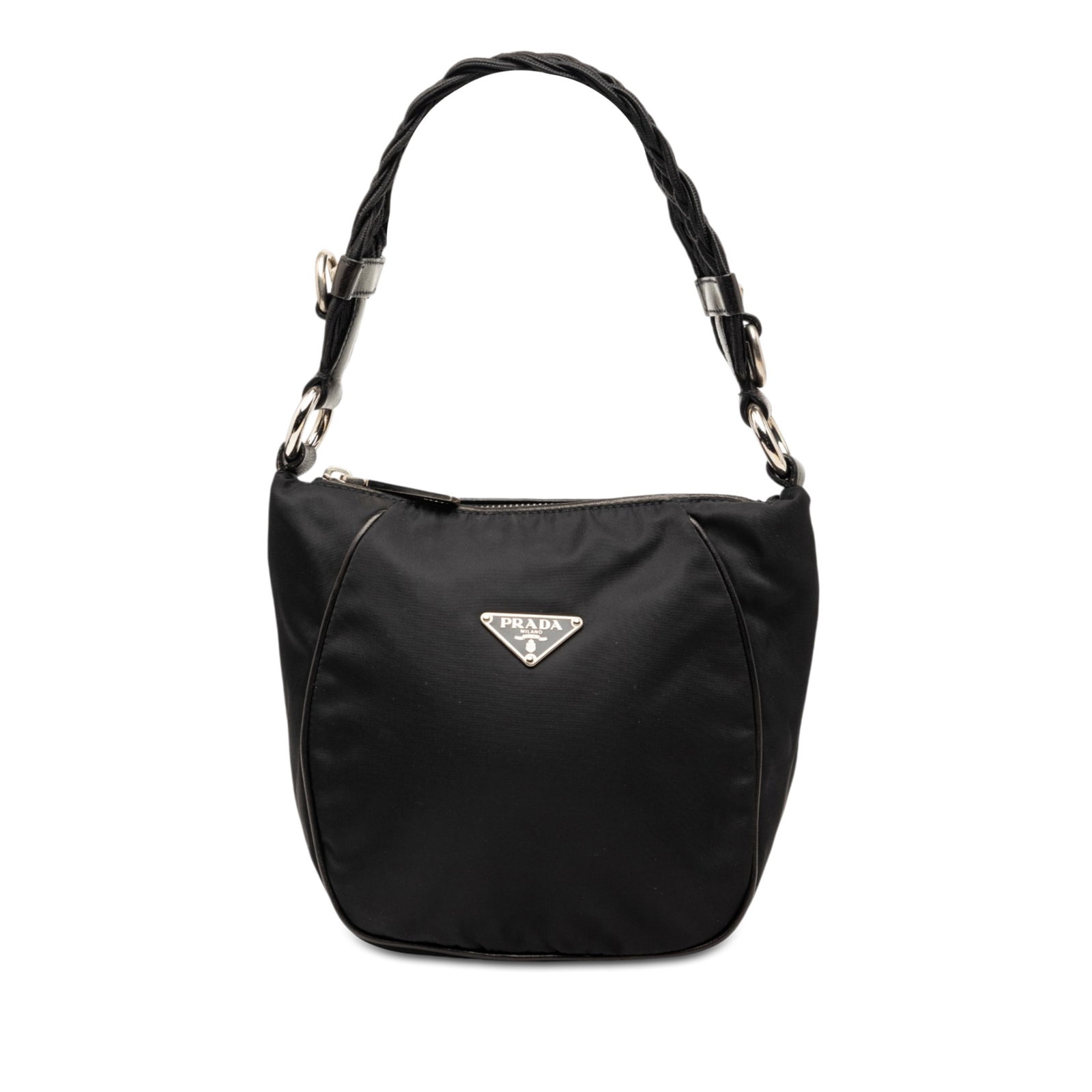 Prada Tessuto nylon braided strap top zip handbag: Prada Tessuto nylon braided strap top zip handbag This Prada Tessuto Braided Handbag is crafted from durable black nylon fabric and features a distinctive flat braided strap and a top zip closure. The