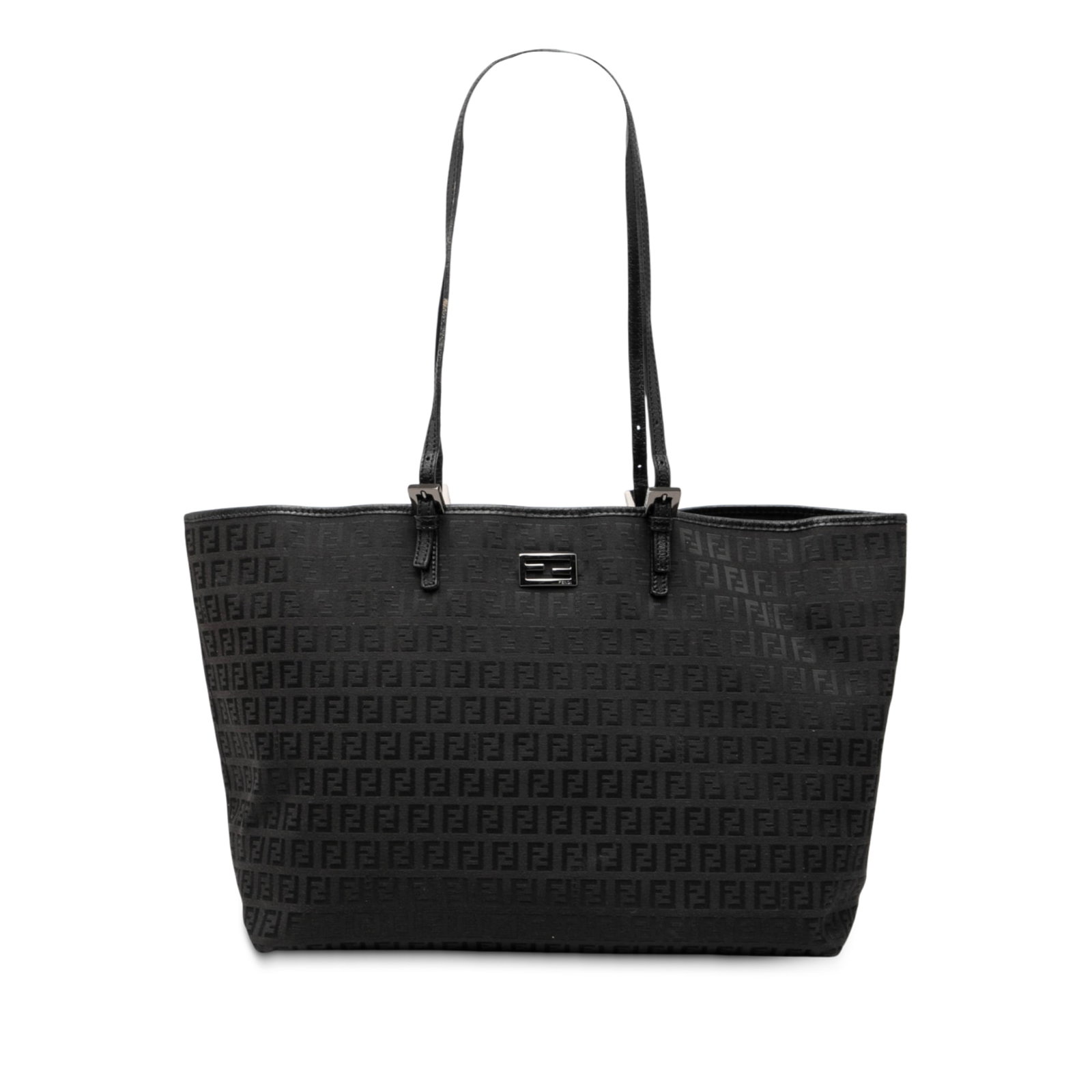 Black Fabric Tote with Leather Trim Fendi Zucchino Model: Black Fabric Tote with Leather Trim Fendi Zucchino Model This Fendi Large Zucchino Canvas Tote features a fabric body with leather trim, flat leather straps, an open top with magnetic closure, and int