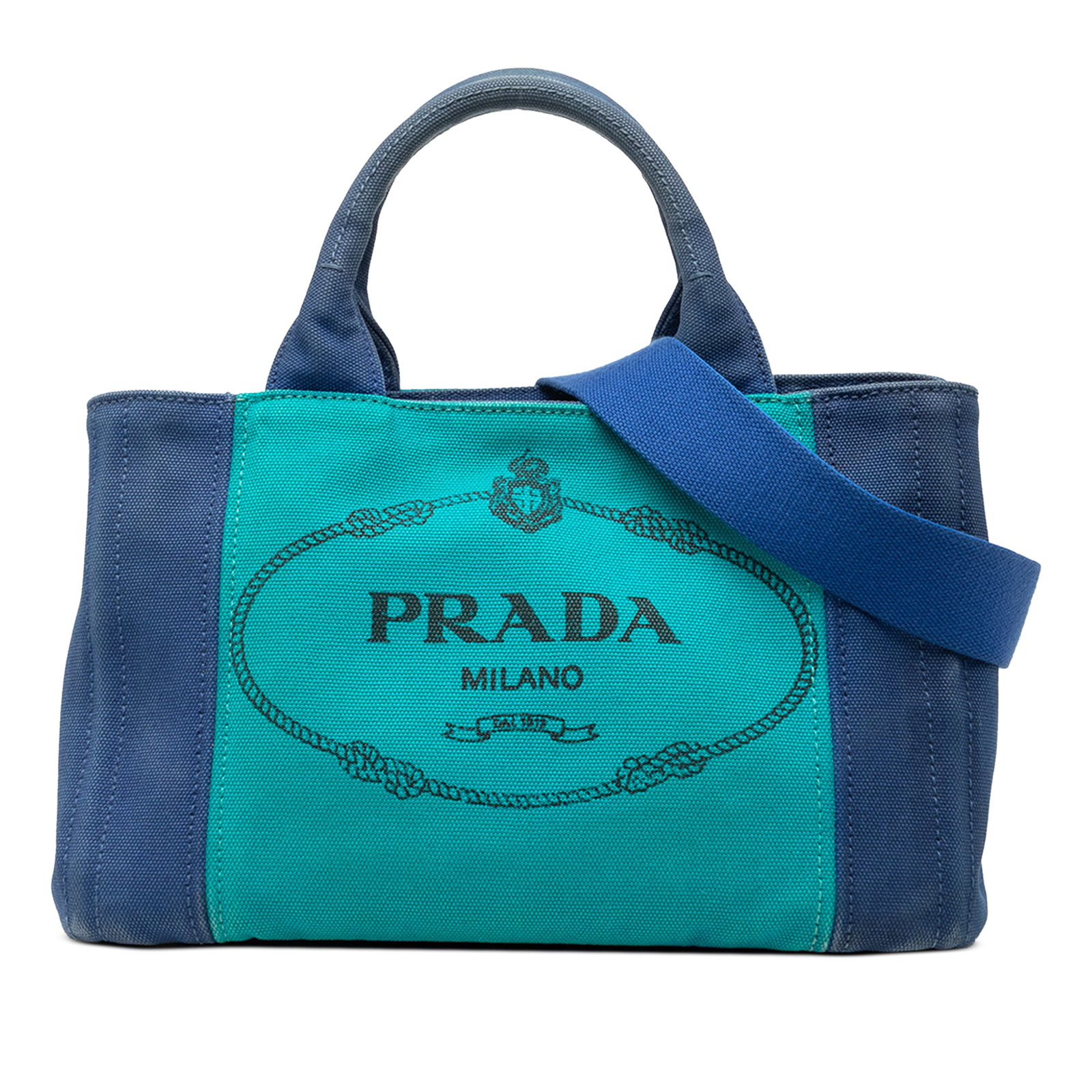 Prada Canapa blue canvas satchel with strap and pockets: Prada Canapa blue canvas satchel with strap and pockets This Prada Small Bicolor Canvas Canapa Logo Satchel is crafted from fabric and features a canvas body with flat top handles and a detachable, ad