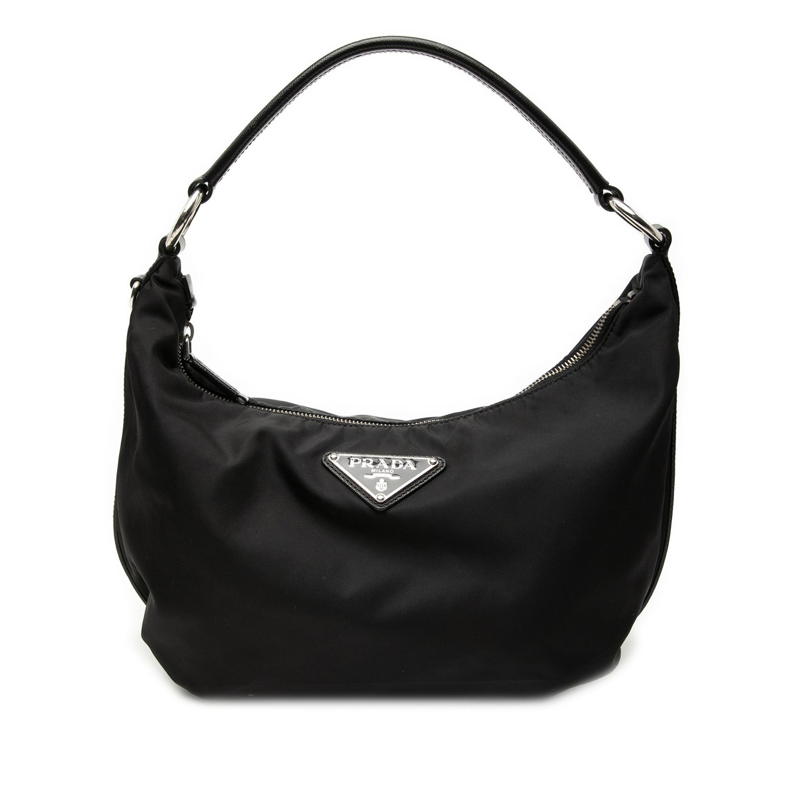 Prada Tessuto nylon hobo bag black Italy: Prada Tessuto nylon hobo bag black Italy This Prada Tessuto Hobo bag features a durable black nylon body with leather trim, complemented by a flat leather strap for comfortable carrying. It is designe