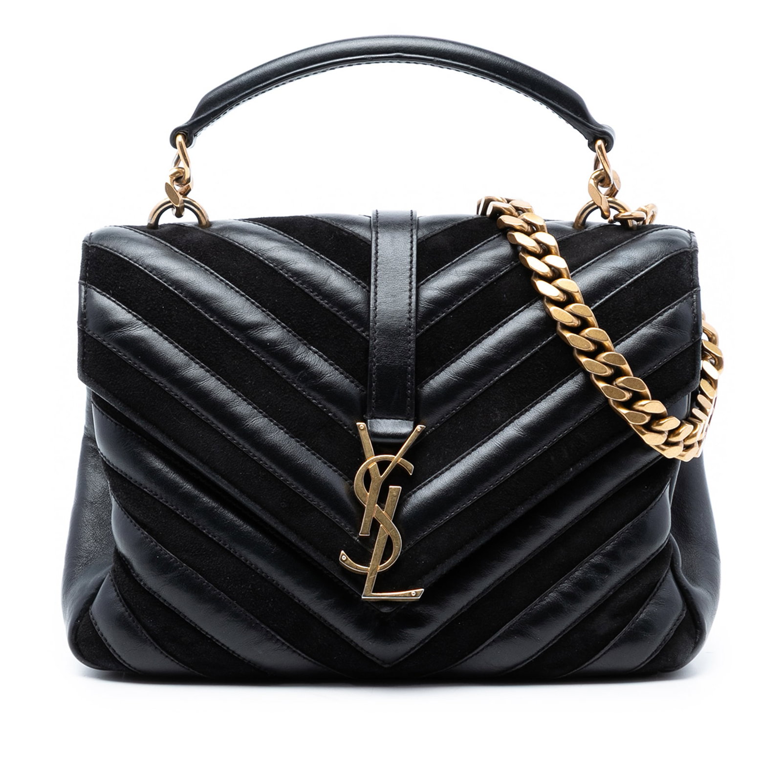 Saint Laurent College satchel black quilted leather suede chain strap: Saint Laurent College satchel black quilted leather suede chain strap This Saint Laurent Medium Calfskin and Suede Chevron Monogram College Satchel showcases a sophisticated quilted calfskin and suede