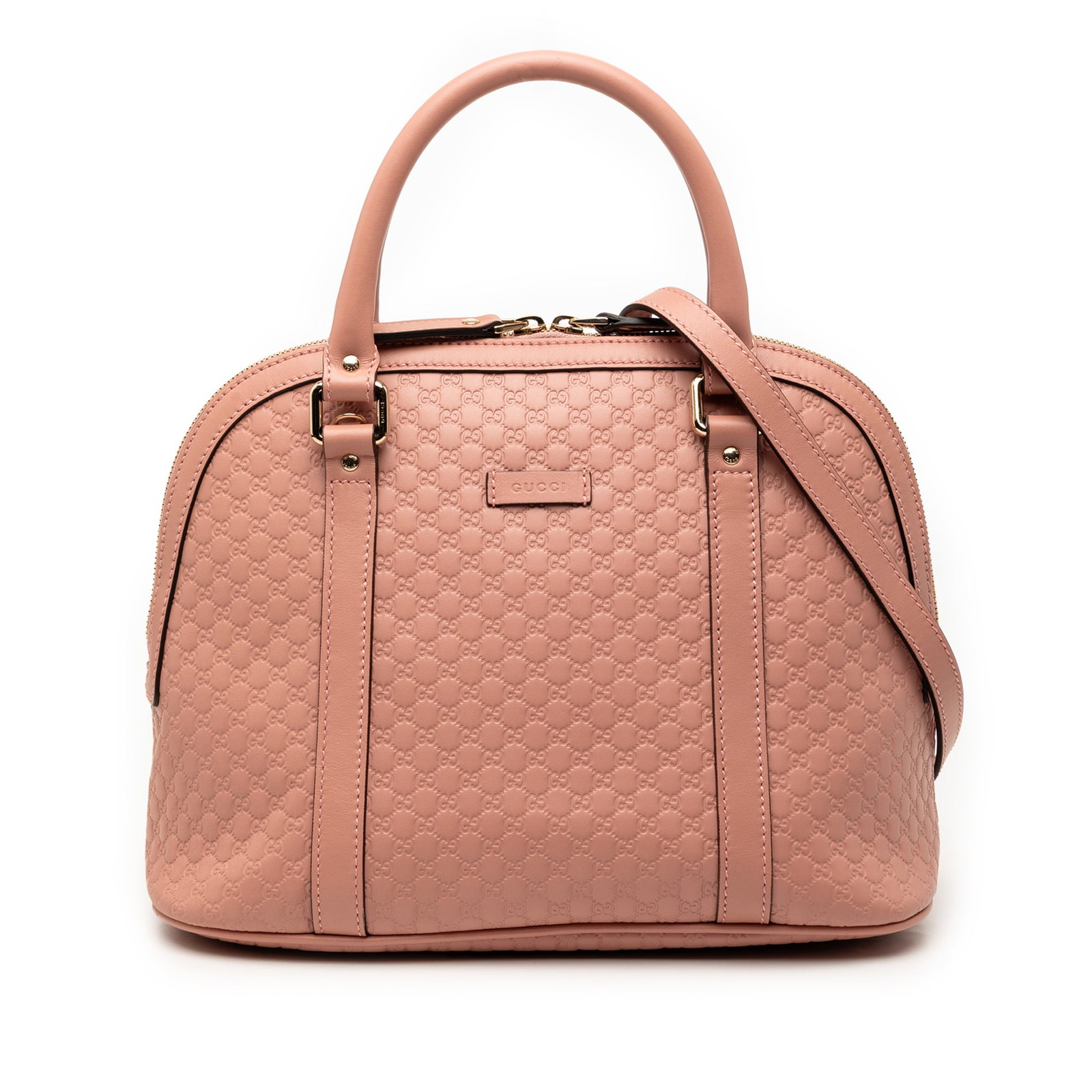 Gucci pink embossed leather dome satchel medium: Gucci pink embossed leather dome satchel medium This Gucci Medium Microguccissima Dome Satchel features an embossed leather body in pink, rolled leather handles, and a detachable, adjustable flat leat