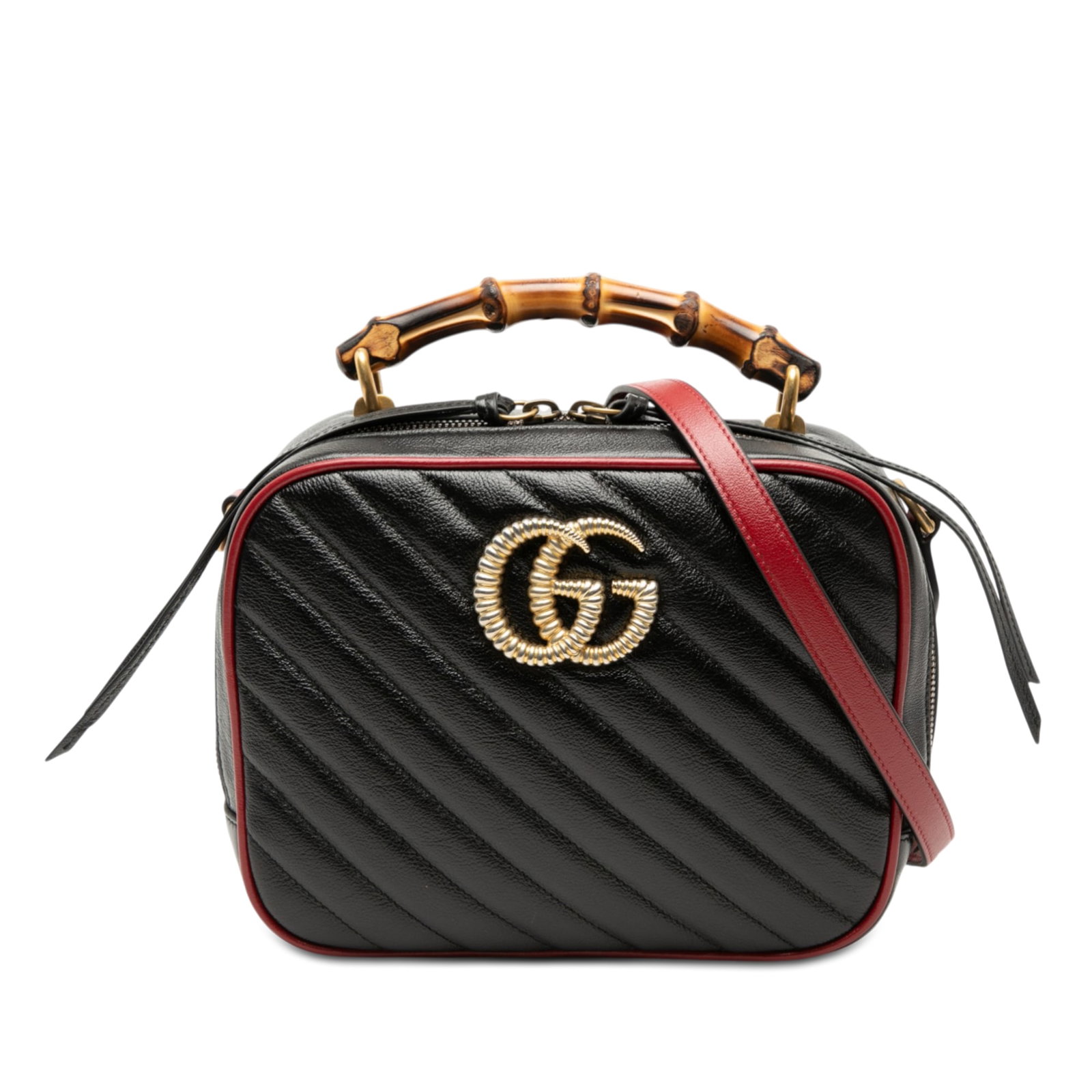 Gucci Marmont Bamboo Leather Satchel Black: Gucci Marmont Bamboo Leather Satchel Black This Gucci Small GG Marmont Matelasse Diagonal Leather Torchon Bamboo Satchel features a quilted leather body in black, accented by a bamboo top handle and a