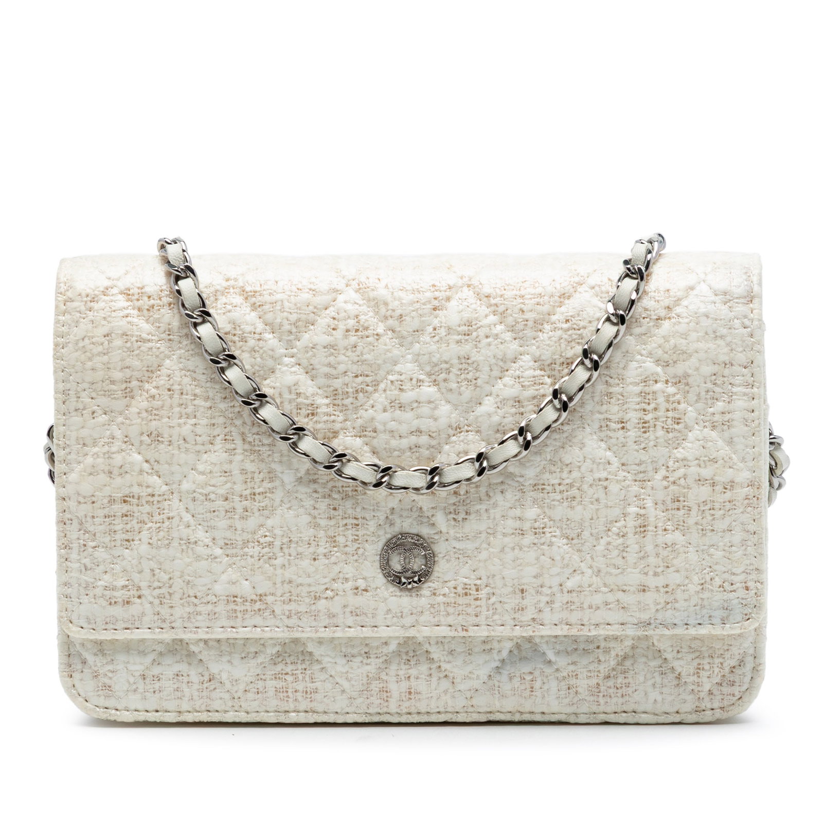 Chanel brown coated tweed chain wallet crossbody bag: Chanel brown coated tweed chain wallet crossbody bag This Chanel CC Coated Tweed Wallet On Chain is a stylish crossbody bag crafted from coated tweed with a leather-woven chain link strap. It features