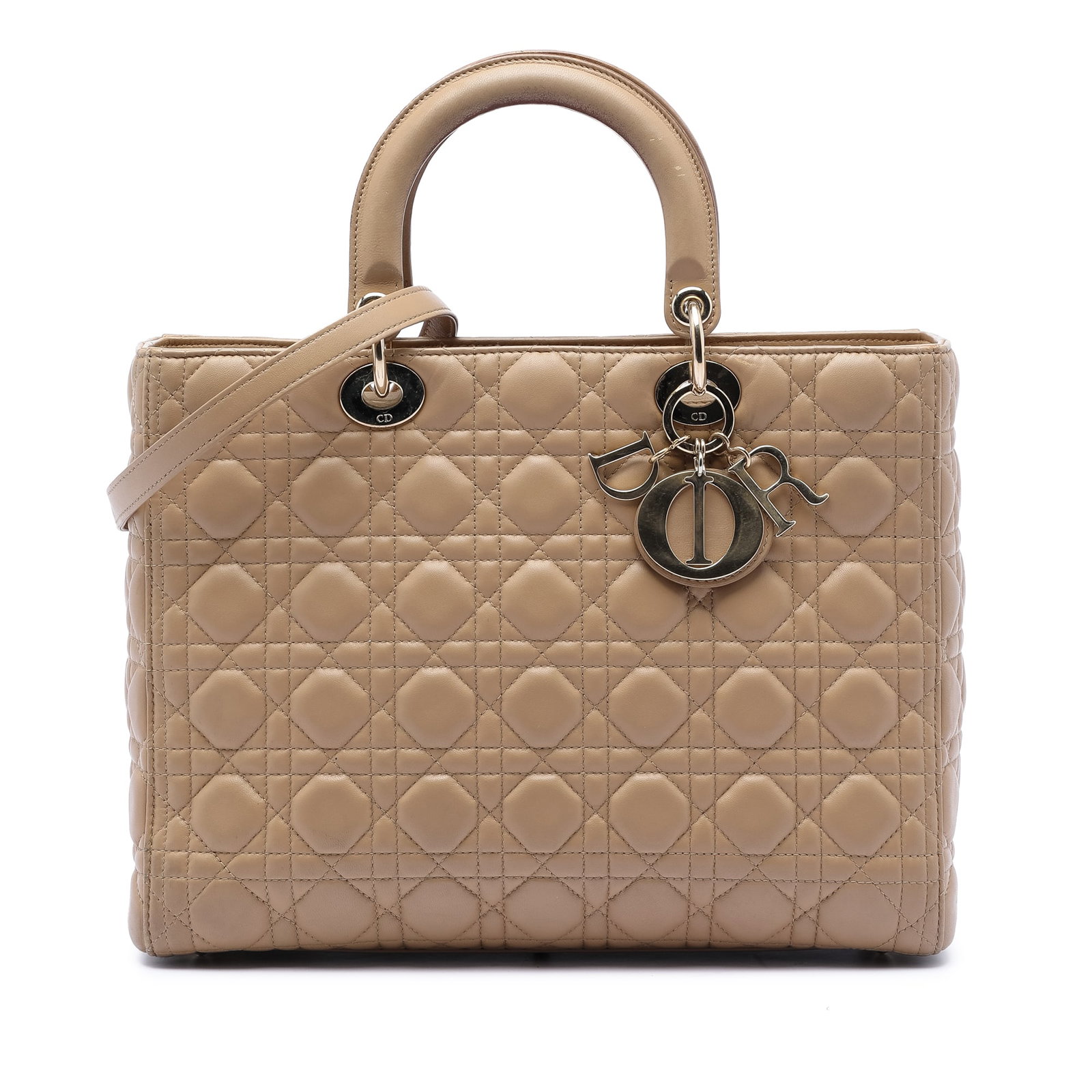Dior Lady Dior Large Beige Cannage Lambskin Leather Shoulder Bag: Dior Lady Dior Large Beige Cannage Lambskin Leather Shoulder Bag This Lady Dior handbag features a beige quilted lambskin leather body with flat top handles and a detachable flat leather strap. It is 