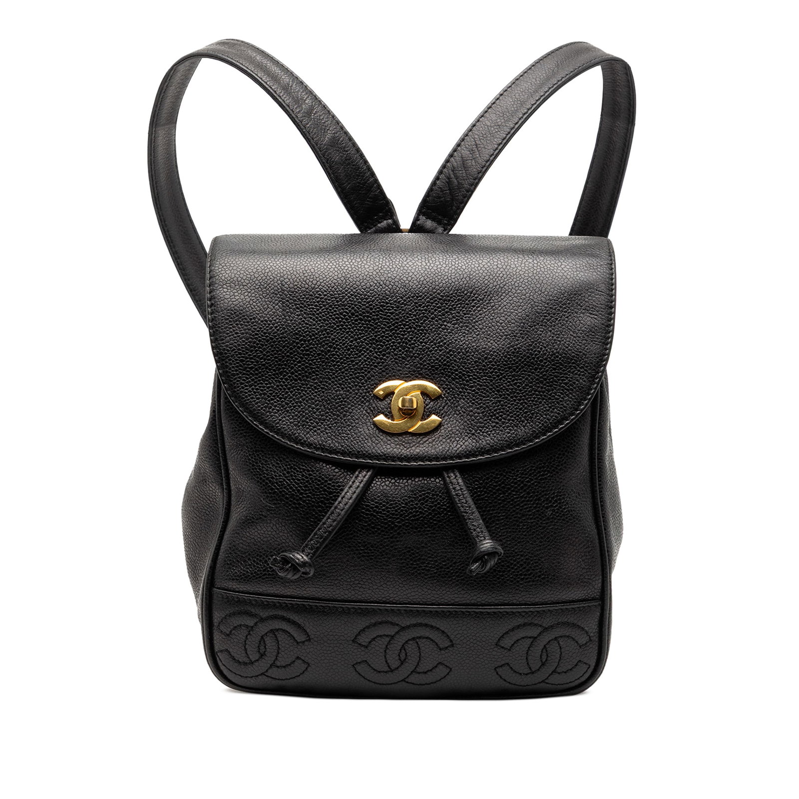 Black Caviar Leather Chanel Triple CC Backpack with Gold Hardware: Black Caviar Leather Chanel Triple CC Backpack with Gold Hardware This Chanel Caviar Triple CC Backpack features a black caviar leather body with flat leather straps and a top flap secured by a gold-t