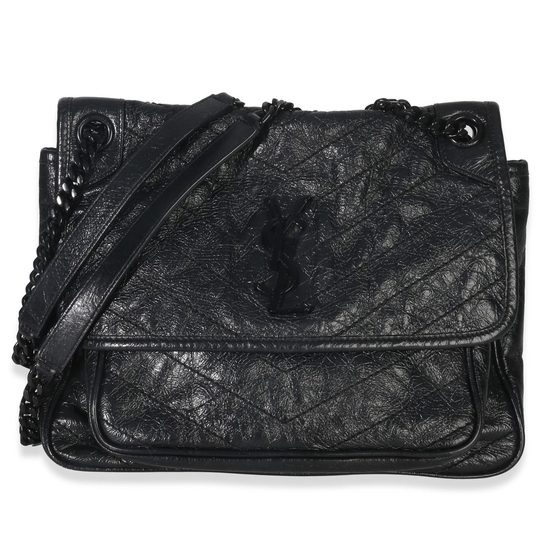 Saint Laurent Niki Medium Black Leather Chain Satchel: Saint Laurent Niki Medium Black Leather Chain Satchel This Saint Laurent Niki Chain Satchel is crafted from black crinkled calfskin leather and features a classic matelasse design. The medium-sized sh
