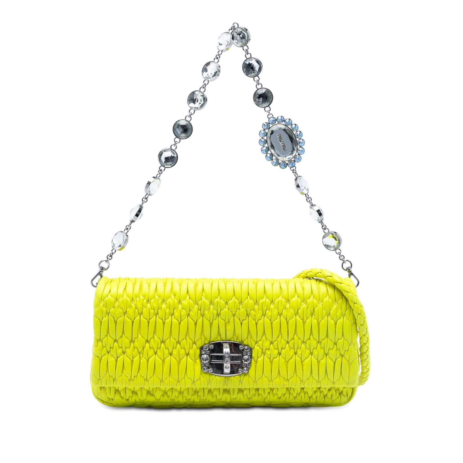 Miu Miu Yellow Nappa Satchel with Crystal Chain Strap: Miu Miu Yellow Nappa Satchel with Crystal Chain Strap This Miu Miu Matelasse Nappa Crystal Chain Satchel is crafted from yellow nappa leather and features silver-tone hardware. The design includes a d