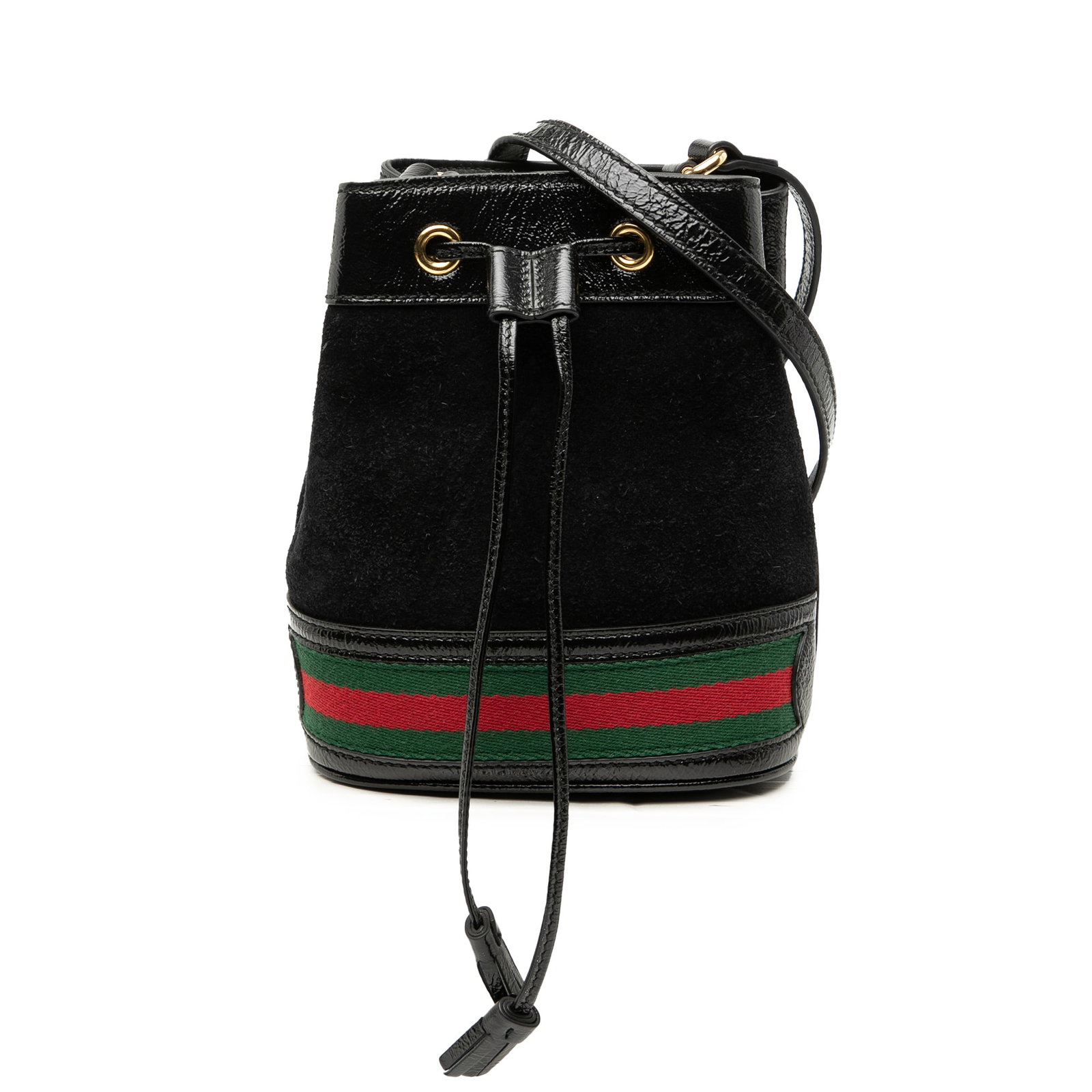 Mini Ophidia Bucket Bag in Suede and Patent Leather by Gucci: Mini Ophidia Bucket Bag in Suede and Patent Leather by Gucci This Gucci Mini Suede and Patent Web Ophidia Bucket Bag features a black suede body accented with patent leather trim. It is designed with 
