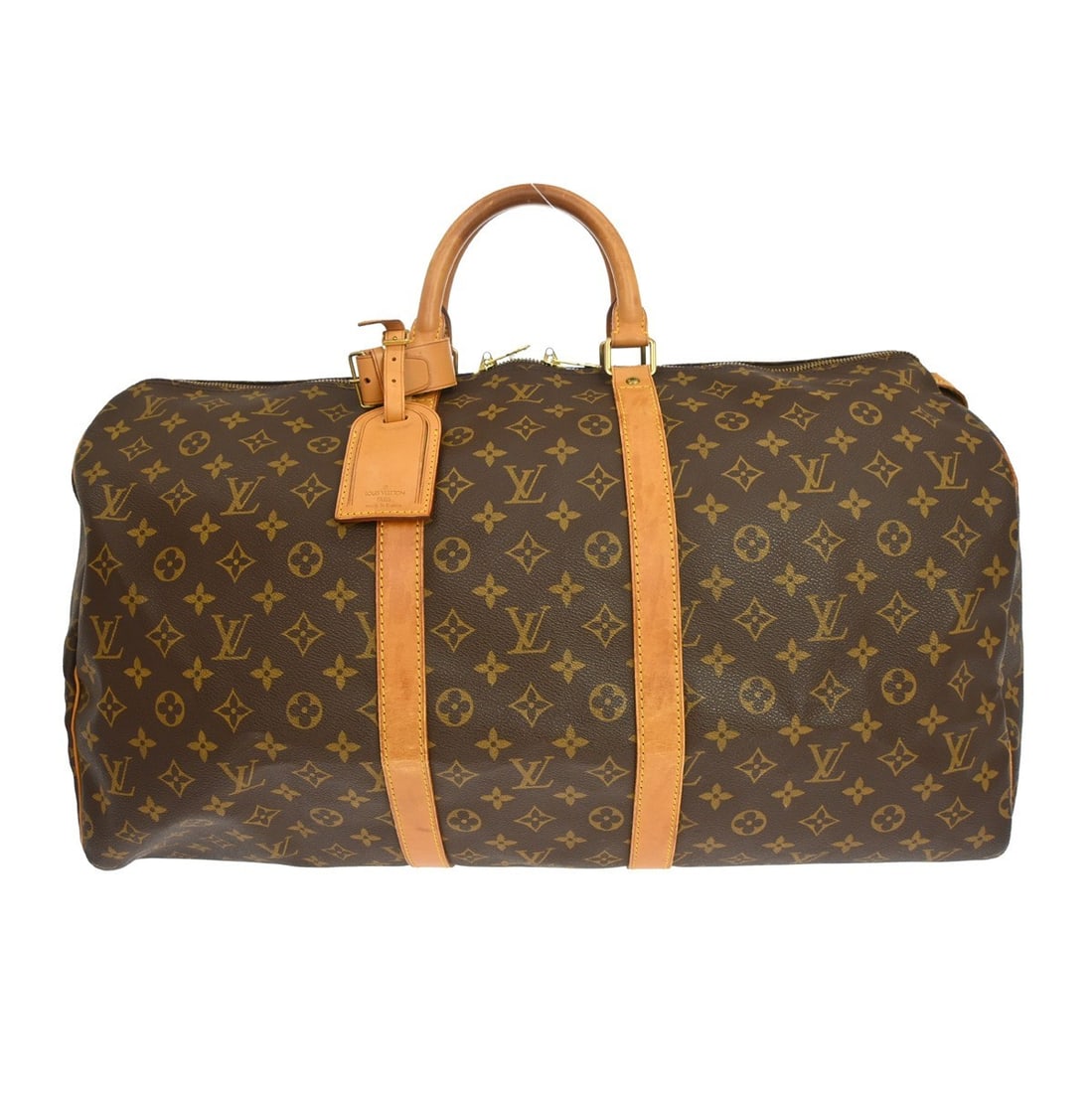 Louis Vuitton Keepall 55 Monogram Duffle Travel Bag: Louis Vuitton Keepall 55 Monogram Duffle Travel Bag This Louis Vuitton Keepall 55 is a vintage travel duffle bag crafted from the brand's signature monogram canvas leather. It features double beige le