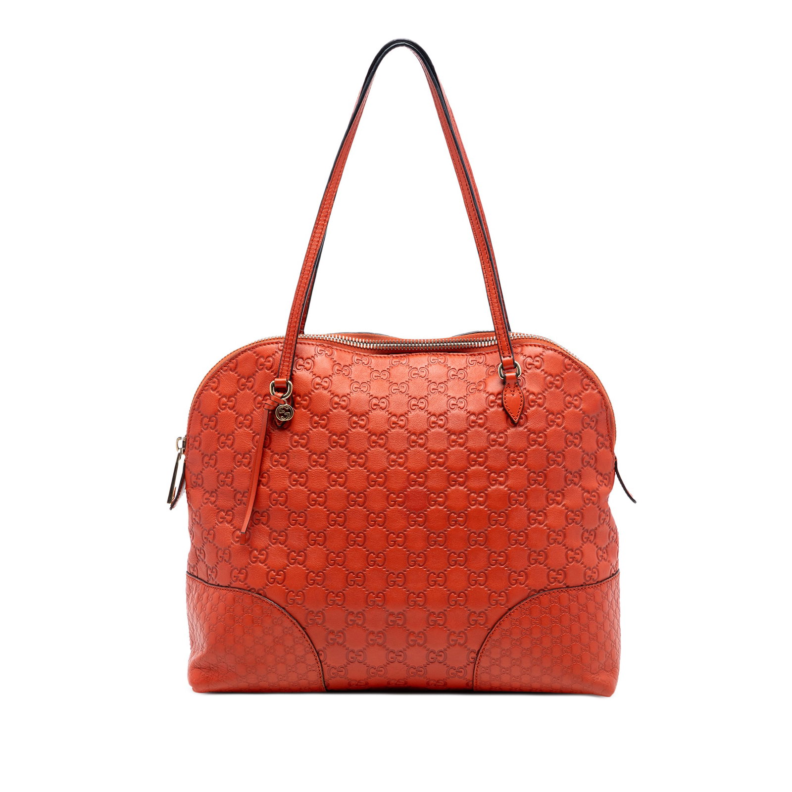 Gucci orange embossed leather dome tote Bree medium: Gucci orange embossed leather dome tote Bree medium This Gucci Medium Guccissima Bree Dome Tote is crafted from embossed orange leather and features flat leather straps, a zip-around closure, and inte