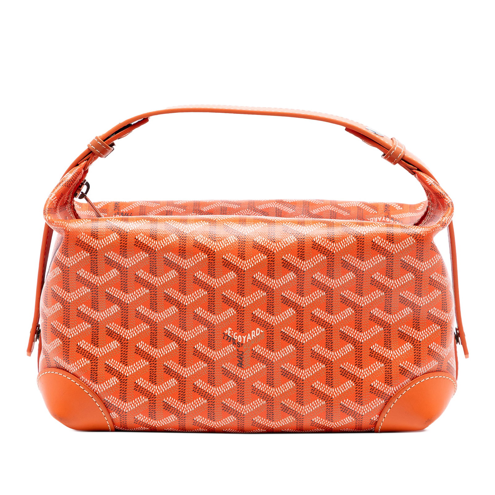 Goyard Orange Coated Canvas Bowling Toiletry 25 Bag: Goyard Orange Coated Canvas Bowling Toiletry 25 Bag This Goyard Goyardine Bowling Toiletry 25 handbag features a coated canvas body with leather trim, an adjustable flat leather handle, and a top zip 
