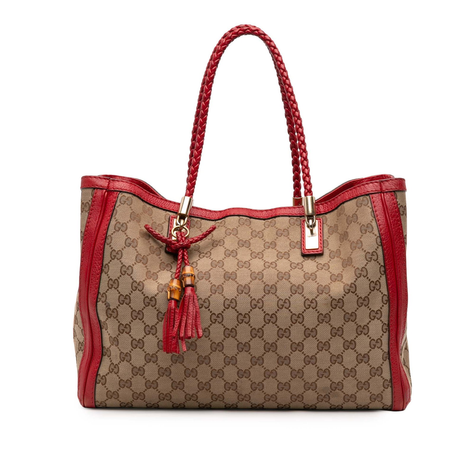 Gucci Medium GG Canvas Bella Tote Beige Leather Trim: Gucci Medium GG Canvas Bella Tote Beige Leather Trim This Gucci Medium GG Canvas Bella Tote features a beige canvas body with leather trim and braided leather straps. The bag has an open top with a ho