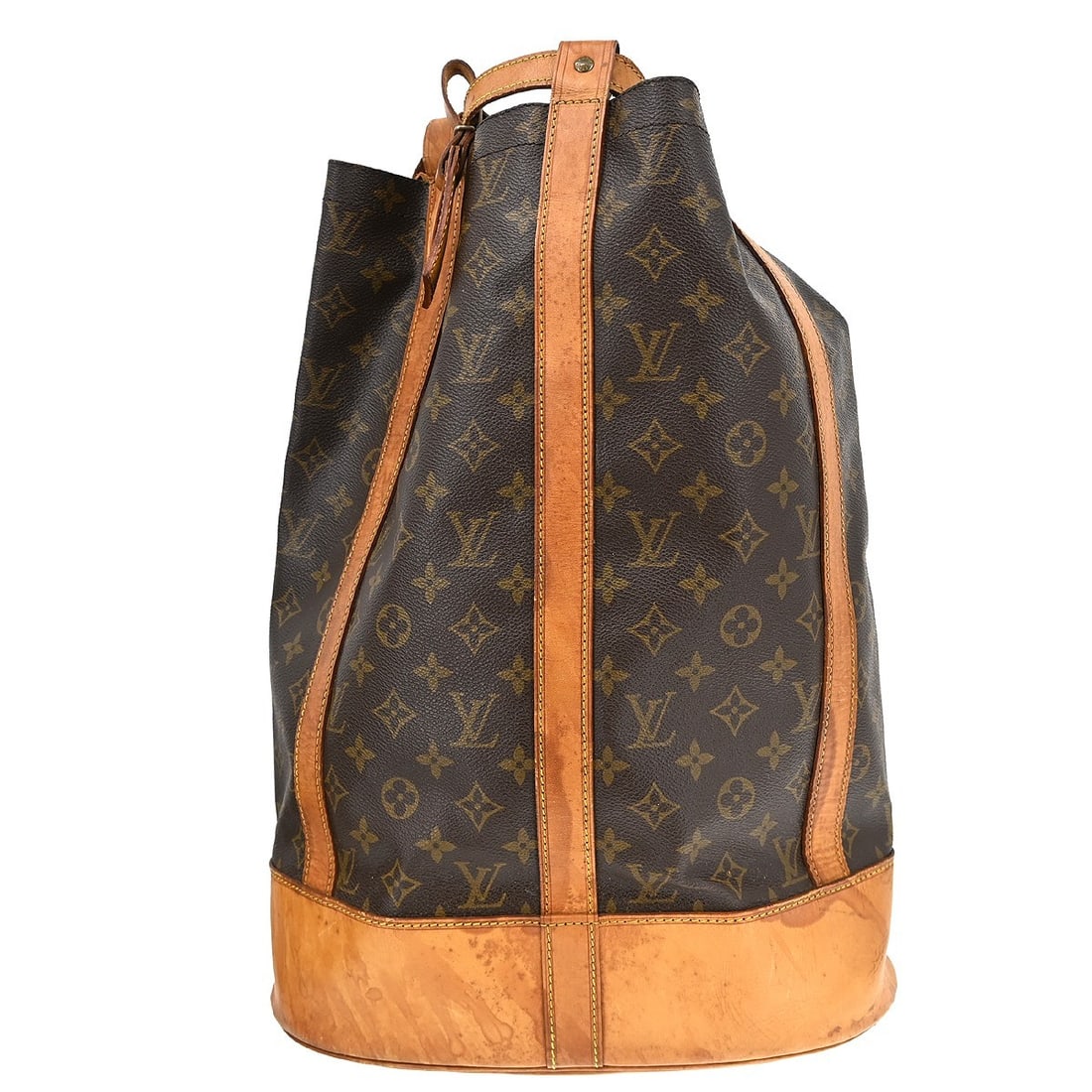 Louis Vuitton Randonnee GM Monogram Canvas Shoulder Bag: Louis Vuitton Randonnee GM Monogram Canvas Shoulder Bag This Louis Vuitton Randonnee GM drawstring shoulder bag features the iconic monogram canvas leather exterior with beige leather shoulder straps.