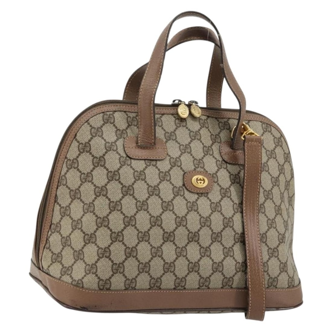 Gucci GG Supreme beige gold handbag with shoulder strap Auth: Gucci GG Supreme beige gold handbag with shoulder strap Auth This GUCCI GG Supreme 2-way handbag is crafted from PVC leather and GG canvas in a beige and gold color scheme. Designed for versatility, i