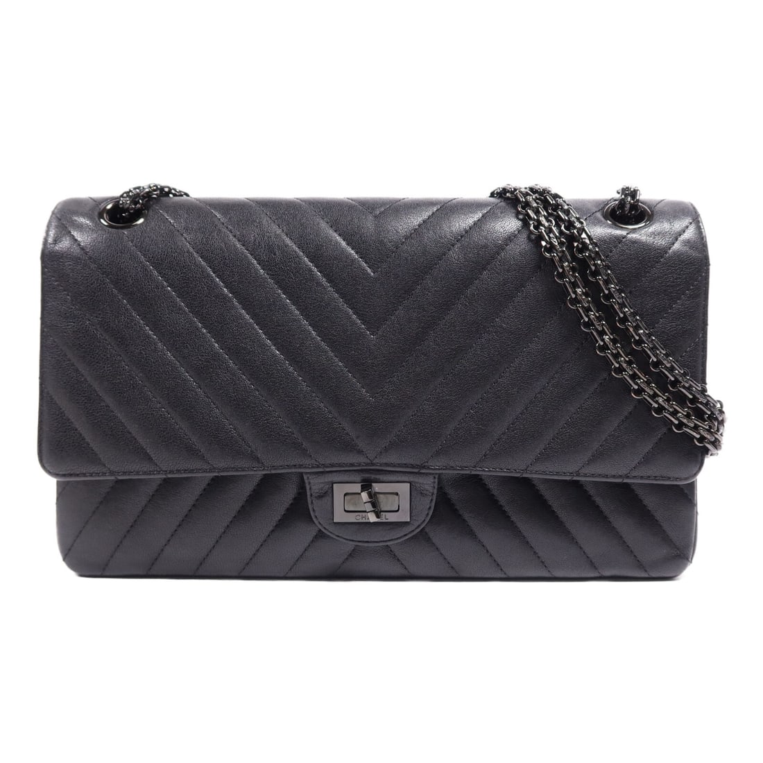 CHANEL 2.55 CC Black Calfskin Shoulder Bag 28cm (1 of 16)