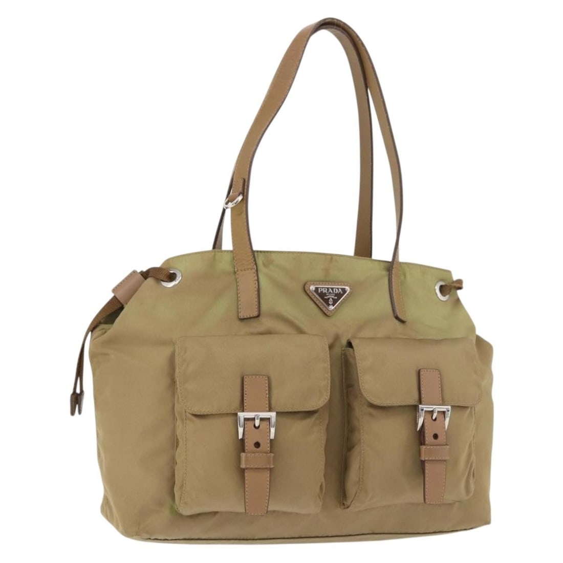 Prada Nylon Khaki Silver Women Handbag Italy 12.6 x 9.8 x 4.3 in: Prada Nylon Khaki Silver Women Handbag Italy 12.6 x 9.8 x 4.3 in This PRADA women's hand bag is crafted from durable khaki nylon with silver accents. Made in Italy, it features a spacious interior and