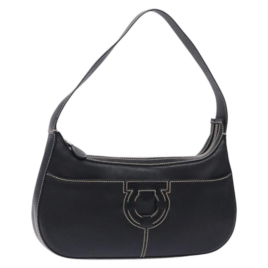 Salvatore Ferragamo Gancini Black Leather Shoulder Bag Silver Accents Auth 133590 (1 of 18)