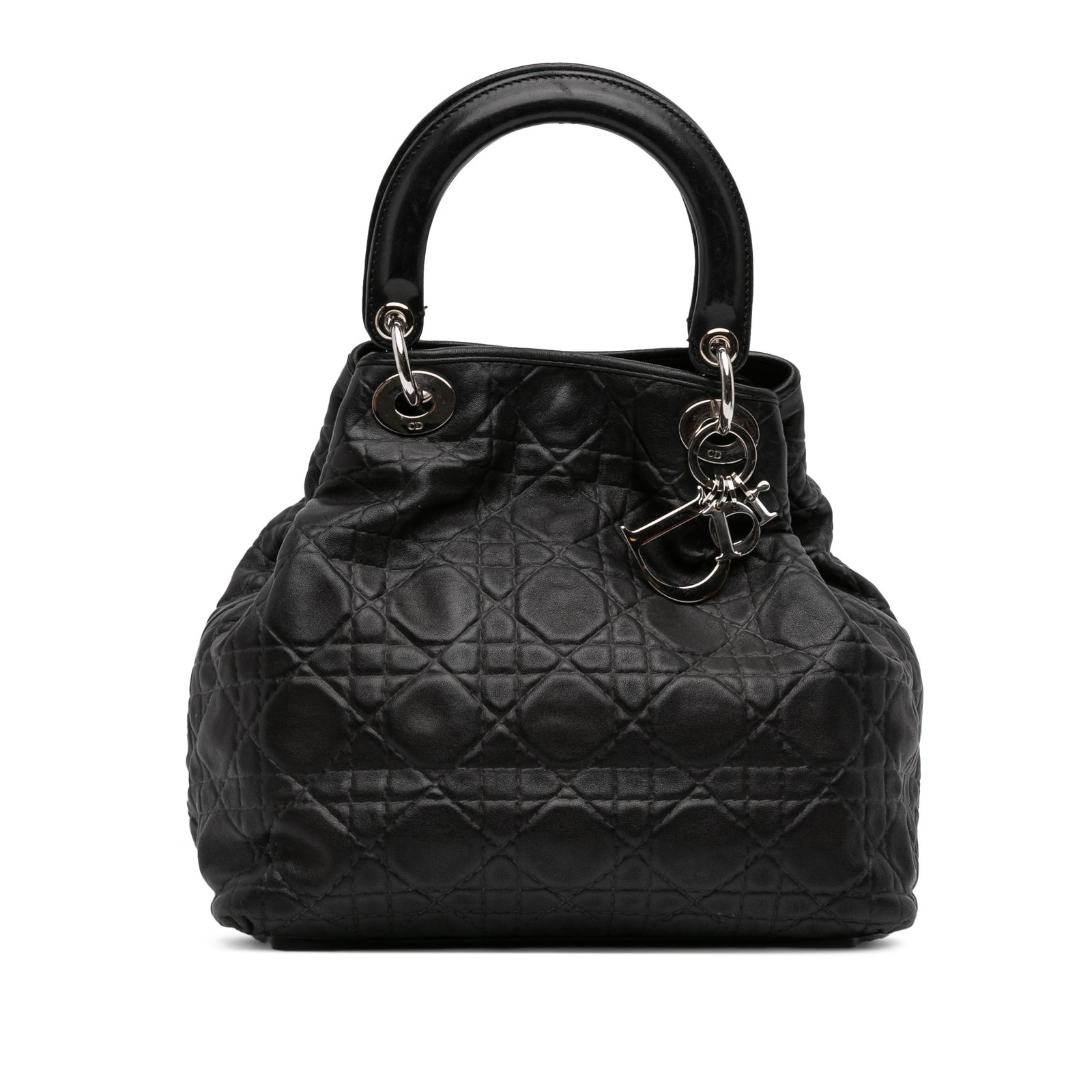 Dior Soft Lady Cannage Lambskin Black Tote: Dior Soft Lady Cannage Lambskin Black Tote This Soft Lady Dior bag features a quilted lambskin leather exterior in black, complemented by flat leather top handles and an open top with a magnetic snap 