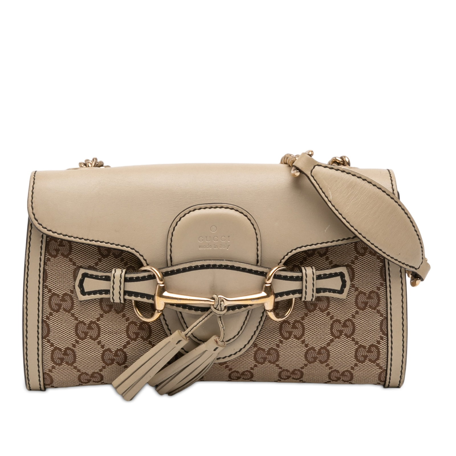 Gucci Emily Mini GG canvas crossbody bag: Gucci Emily Mini GG canvas crossbody bag This Gucci Mini GG Canvas Emily Crossbody bag features a canvas body with leather trim, chain link straps with leather shoulder guards, a front flap with a tuc