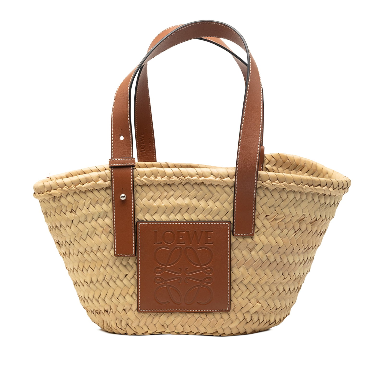 LOEWE raffia leather basket tote small Anagram: LOEWE raffia leather basket tote small Anagram This LOEWE Small Raffia Anagram Basket Tote features a beige raffia and leather body with adjustable flat leather shoulder straps and an open top design.