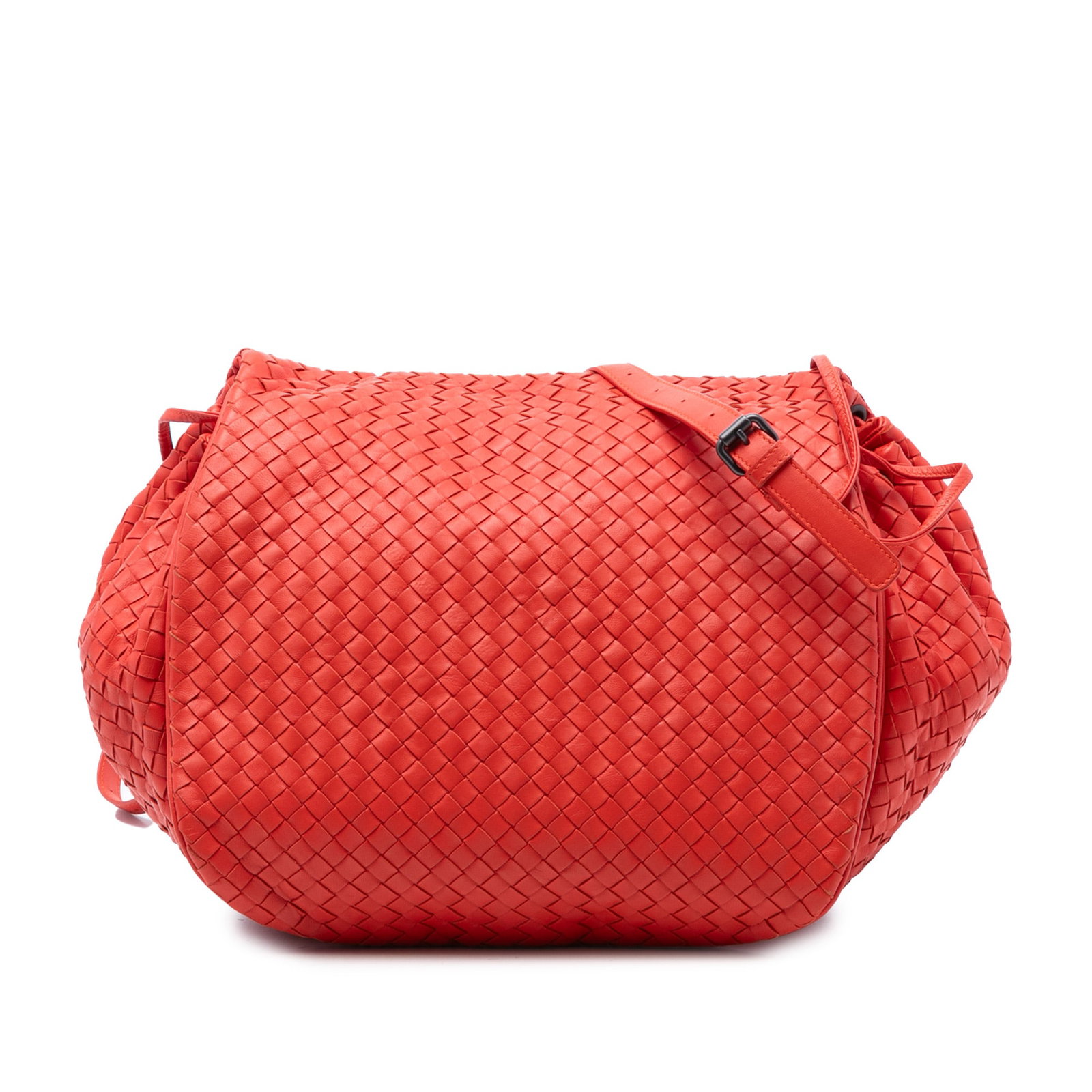 Red Bottega Veneta woven leather flap crossbody bag: Red Bottega Veneta woven leather flap crossbody bag This Bottega Veneta Nappa Intrecciato Flap Crossbody bag is crafted from woven leather in a striking red color. It features an adjustable flat leath