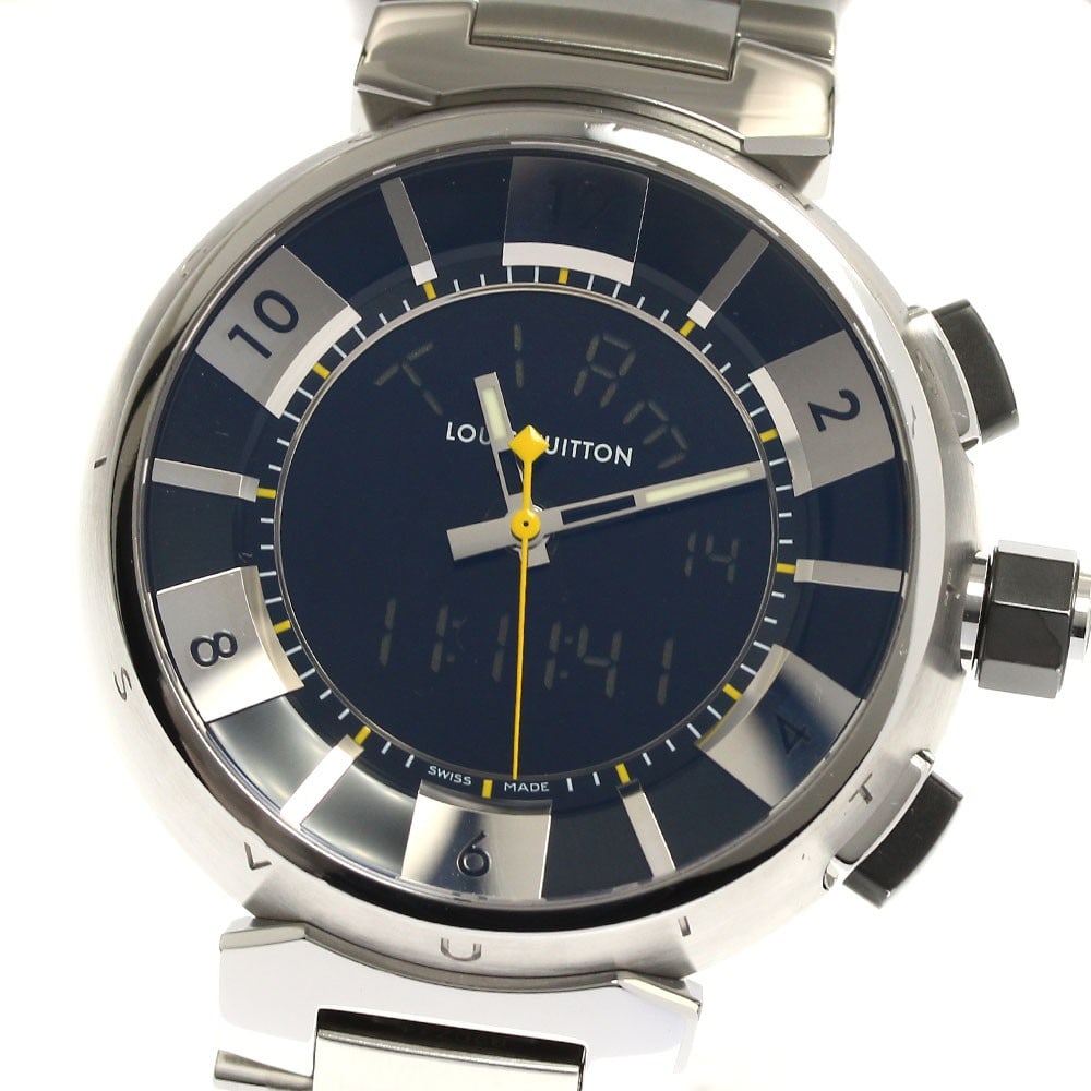 Louis Vuitton Tambour in Black Quartz Men's Wristwatch: Louis Vuitton Tambour in Black Quartz Men's Wristwatch This pre-owned Louis Vuitton Tambour in Black men's wristwatch features a stainless steel case and bracelet, complemented by a black and silver d