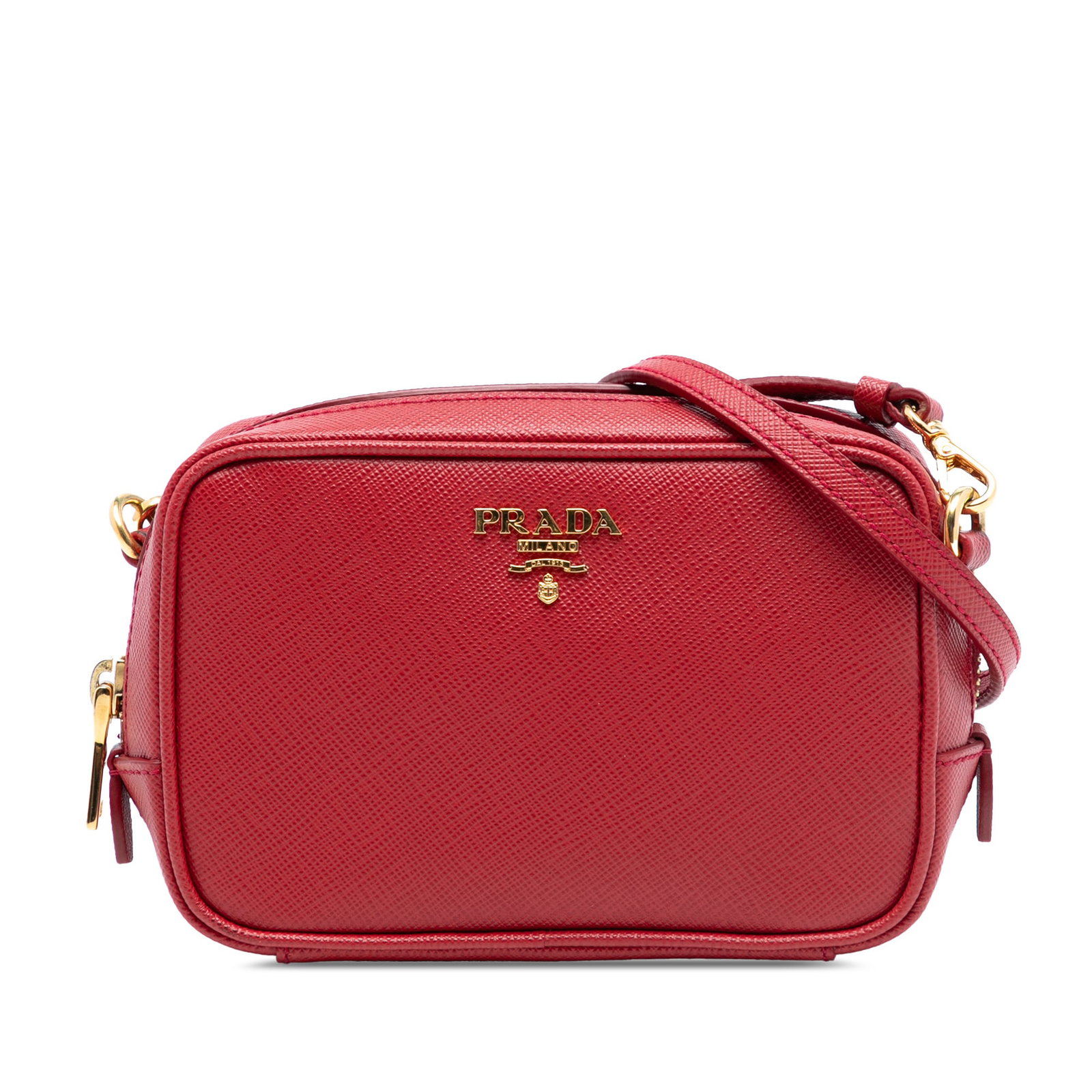 Red Leather Crossbody Mini Bag by Prada Saffiano: Red Leather Crossbody Mini Bag by Prada Saffiano This Prada Mini Saffiano Camera Bag is crafted from red leather and features a crossbody design with a flat leather shoulder strap, a top zip closure, 