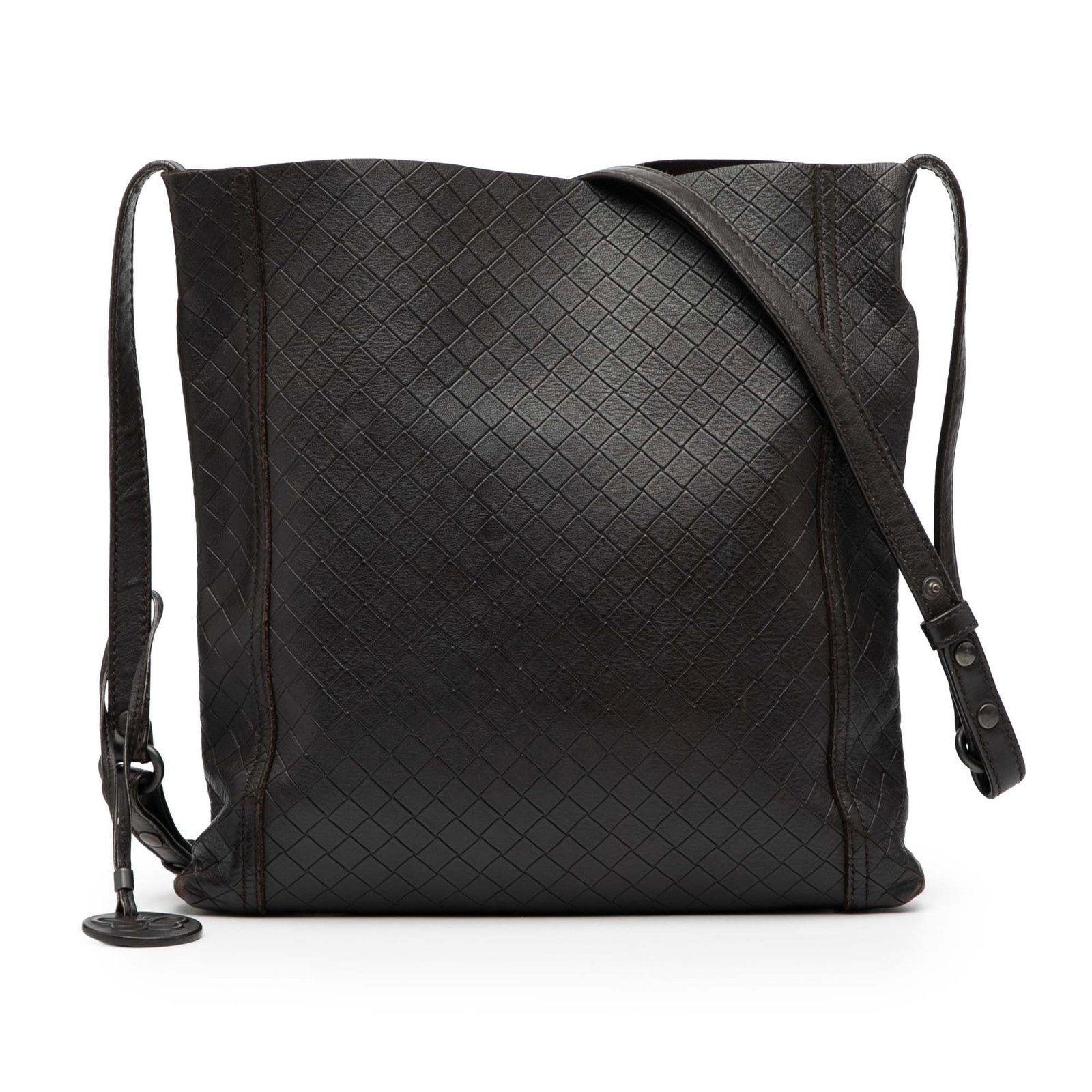 Leather Intrecciomirage Crossbody Bag by Bottega Veneta with Adjustable Strap: Leather Intrecciomirage Crossbody Bag by Bottega Veneta with Adjustable Strap This Bottega Veneta Intrecciomirage crossbody bag features a brown leather body with the signature woven design, an adjust