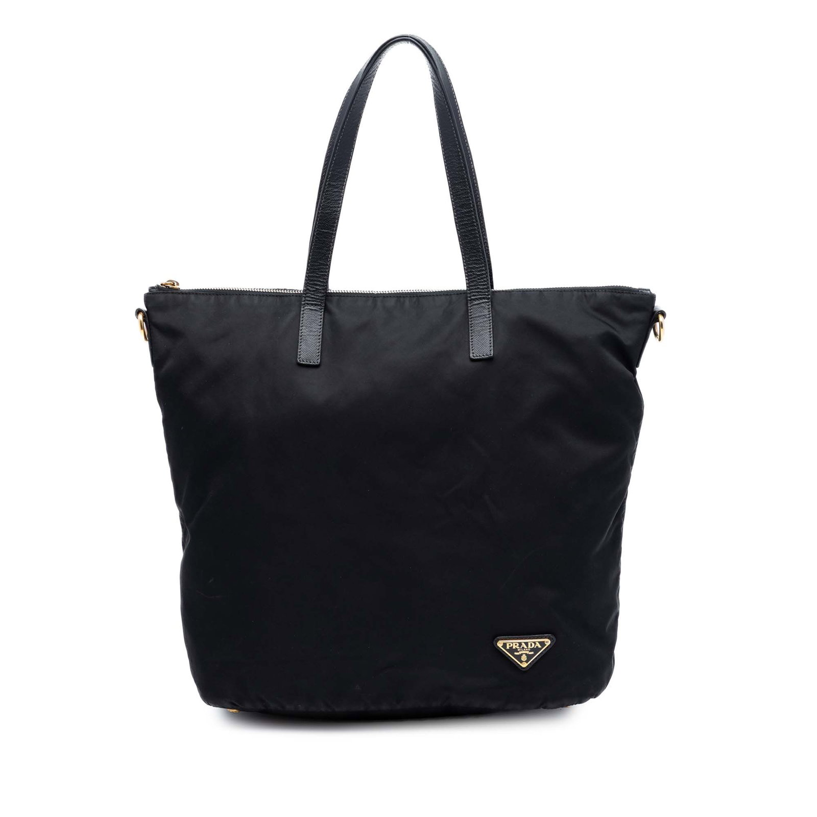 Prada black nylon satchel with leather handles: Prada black nylon satchel with leather handles This Prada Tessuto Satchel is crafted from durable black nylon with flat leather handles and features a top zip closure for secure storage. The bag inclu