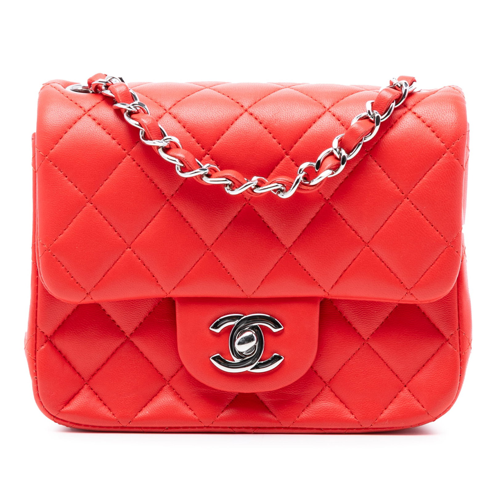 Chanel red quilted lambskin crossbody flap bag Mini Square Classic: Chanel red quilted lambskin crossbody flap bag Mini Square Classic This Chanel Mini Square Classic Lambskin Single Flap crossbody bag features a quilted lambskin leather body in red, complemented by a