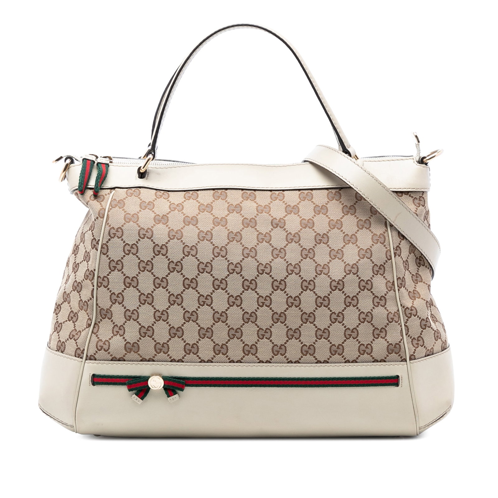 Gucci Mayfair GG Canvas Satchel with Leather Trim: Gucci Mayfair GG Canvas Satchel with Leather Trim This Gucci GG Canvas Web Mayfair Satchel features a beige canvas body with leather trim, flat leather handles, and a detachable flat leather strap. Th