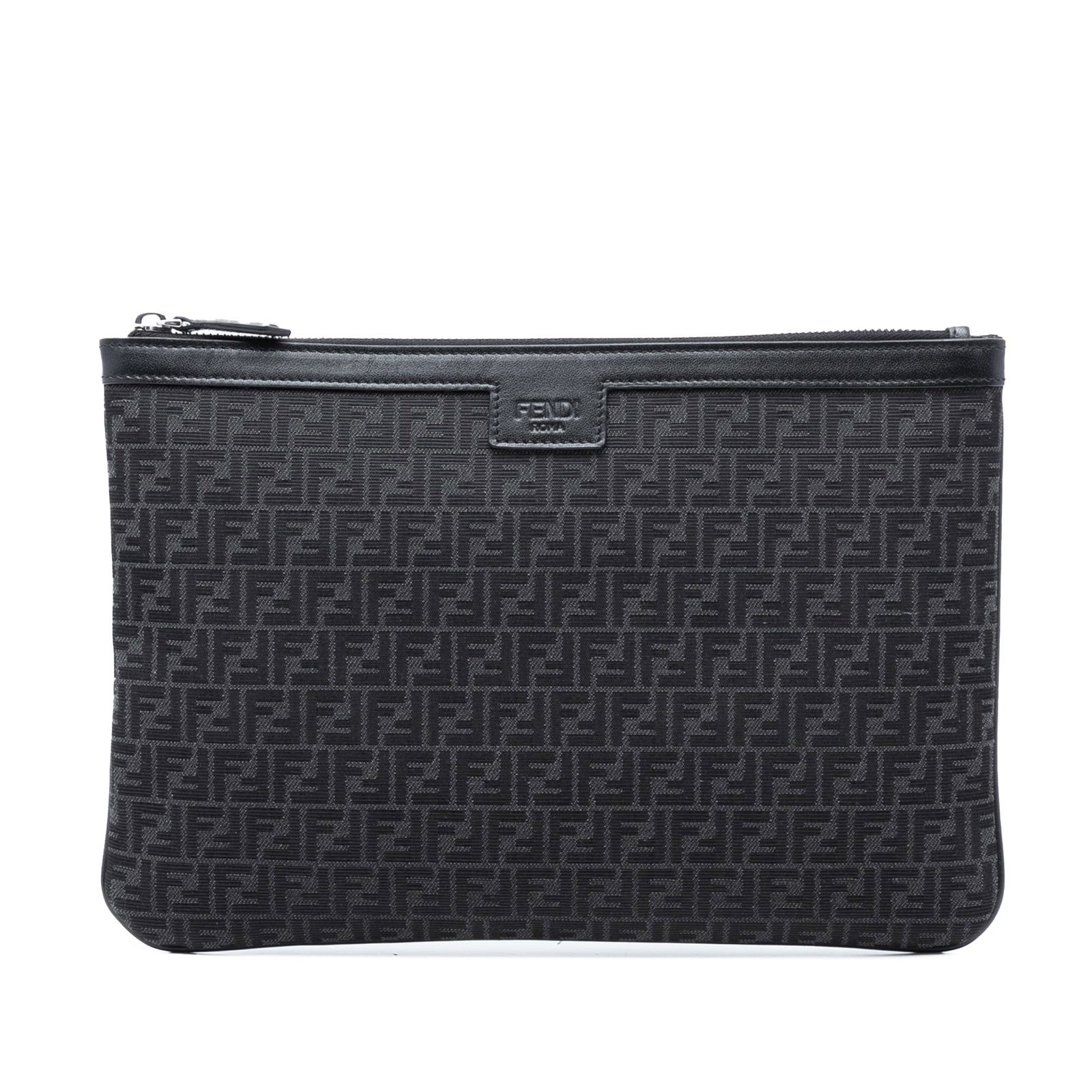 Black Canvas Zucchino Flat Zip Clutch Bag by Fendi with Leather Trim (1 of 7)