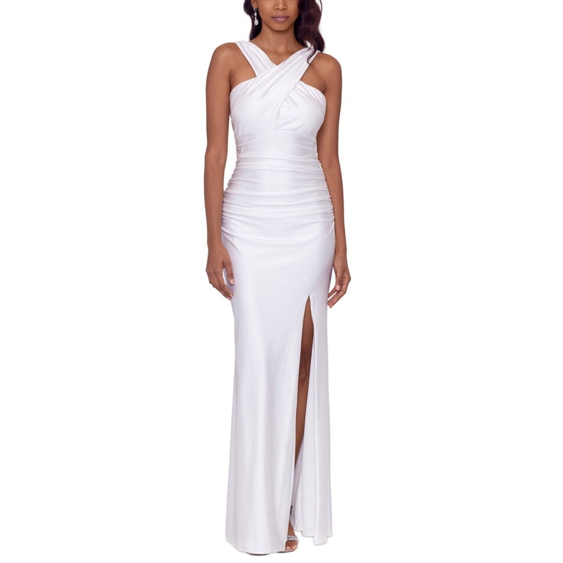 Xscape Women's White Cross-Neck Ruched Long Dress Size 0: Xscape Women's White Cross-Neck Ruched Long Dress Size 0 Elevate your formal wear with this stunning Xscape Women's Cross-Neck Sateen Ruched Long Dress in white. Crafted from luxurious polyester spand