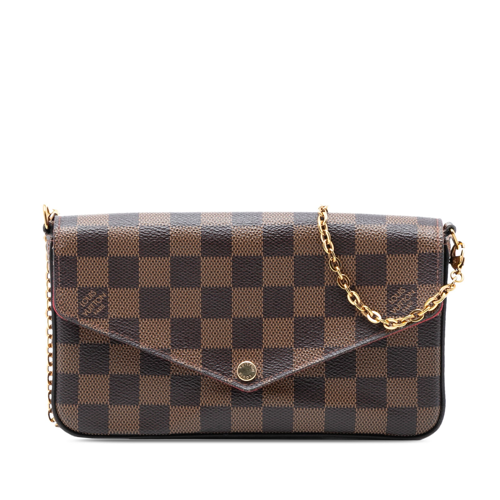 Louis Vuitton Felicie Damier Ebene Brown Chain Bag: Louis Vuitton Felicie Damier Ebene Brown Chain Bag This Louis Vuitton Damier Ebene Pochette Felicie features the signature Damier canvas in brown, complemented by a detachable gold-tone chain link str