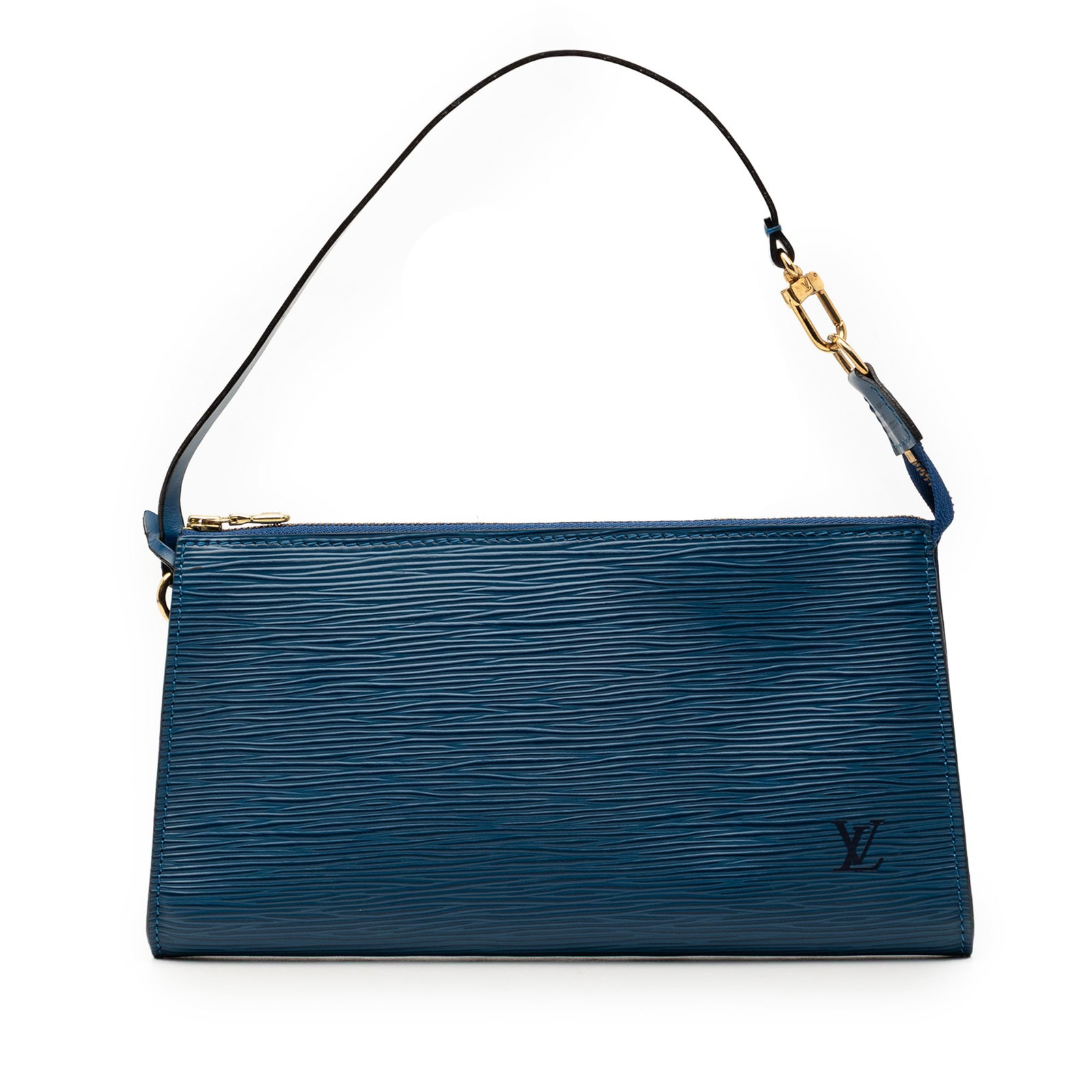 Louis Vuitton Epi leather Pochette Accessoires blue pouch: Louis Vuitton Epi leather Pochette Accessoires blue pouch This Louis Vuitton Epi Pochette Accessoires features a blue epi leather body, a flat leather strap, and a top zip closure. The bag shows signs