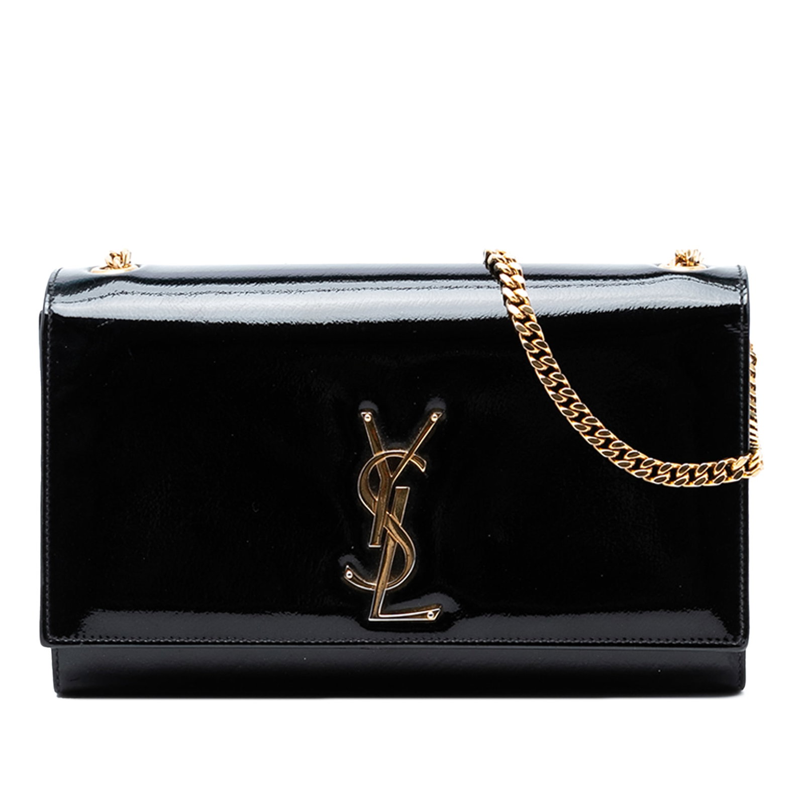 Saint Laurent Kate black patent leather crossbody bag: Saint Laurent Kate black patent leather crossbody bag This Saint Laurent Medium Patent Monogram Kate Crossbody bag showcases a sleek black patent leather exterior paired with a chain link shoulder str