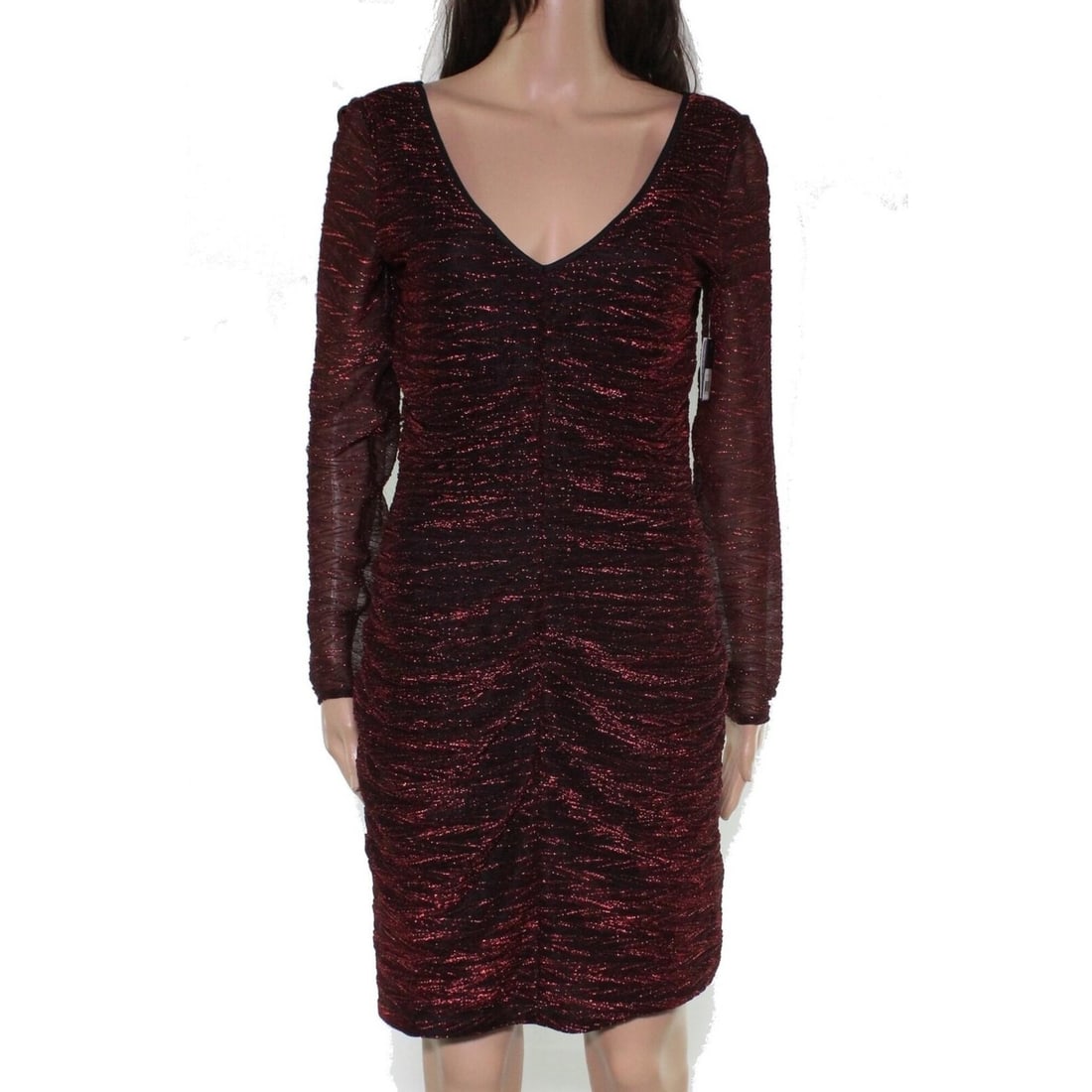 GUESS Red Sheer Long Sleeve V Neck Bodycon Cocktail Dress Size 4: GUESS Red Sheer Long Sleeve V Neck Bodycon Cocktail Dress Size 4 Elevate your party wardrobe with this stunning Guess Red Sheer Long Sleeve V Neck Above Knee Cocktail Bodycon Dress. This dress feature
