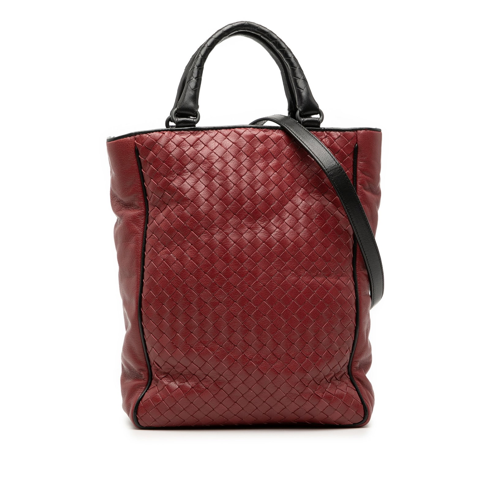 Bottega Veneta red nappa intrecciato convertible satchel: Bottega Veneta red nappa intrecciato convertible satchel This Bottega Veneta Bicolor Nappa Intrecciato Vertical Convertible Satchel showcases the brand's signature woven leather design. It features ro