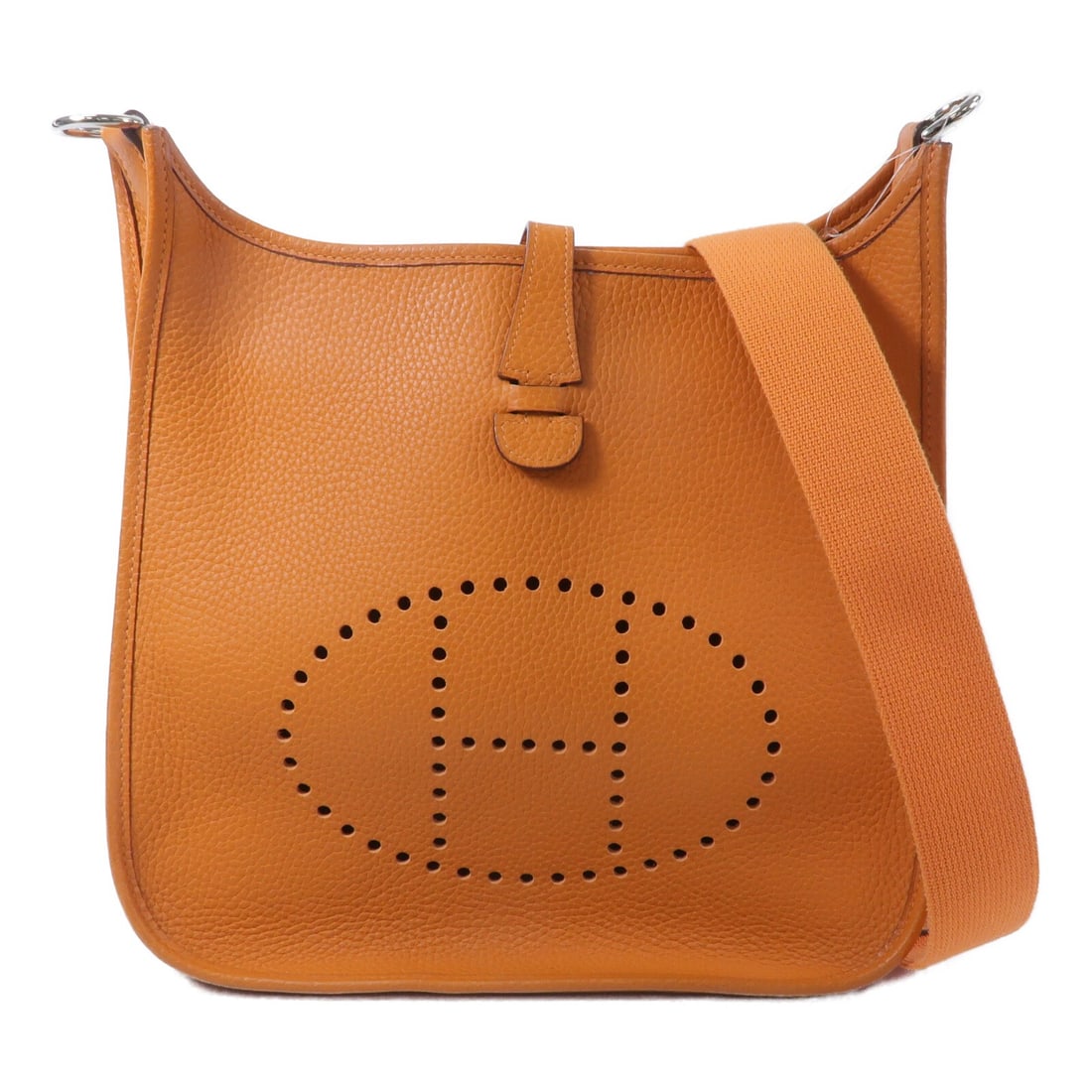 Hermes Evelyne PM Orange Calfskin Shoulder Bag PHW: Hermes Evelyne PM Orange Calfskin Shoulder Bag PHW This Hermes Evelyne PM shoulder bag is crafted from Taurillon Clemence calfskin leather in a vibrant orange color. Designed for women, it features a 