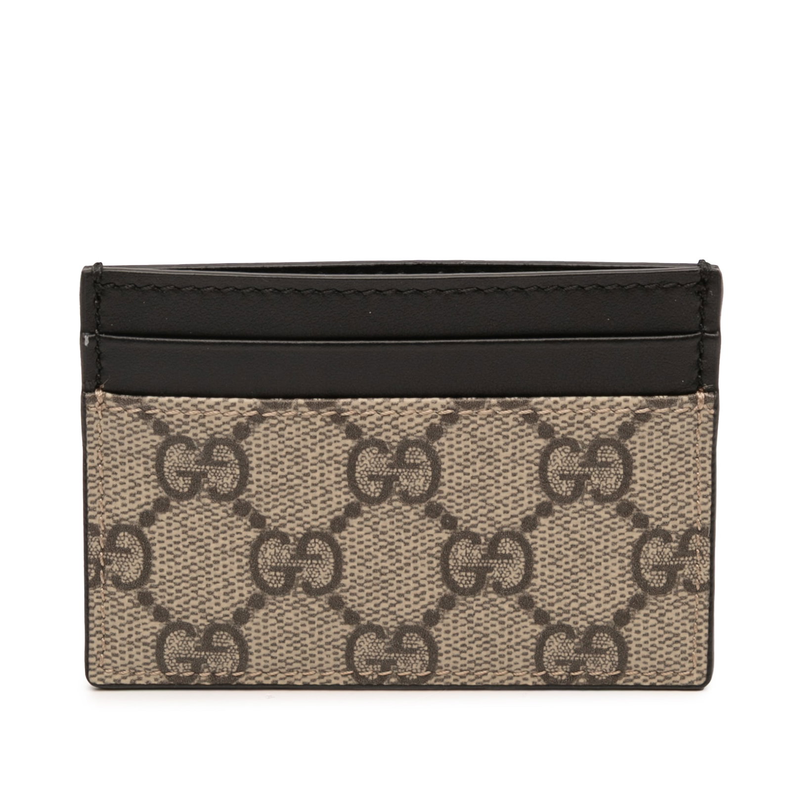 Beige GG Supreme Canvas Card Case with Leather Trim by Gucci: Beige GG Supreme Canvas Card Case with Leather Trim by Gucci This Gucci GG Supreme card holder is crafted from coated canvas with leather trim and features multiple card slots. Made in Italy, it showc