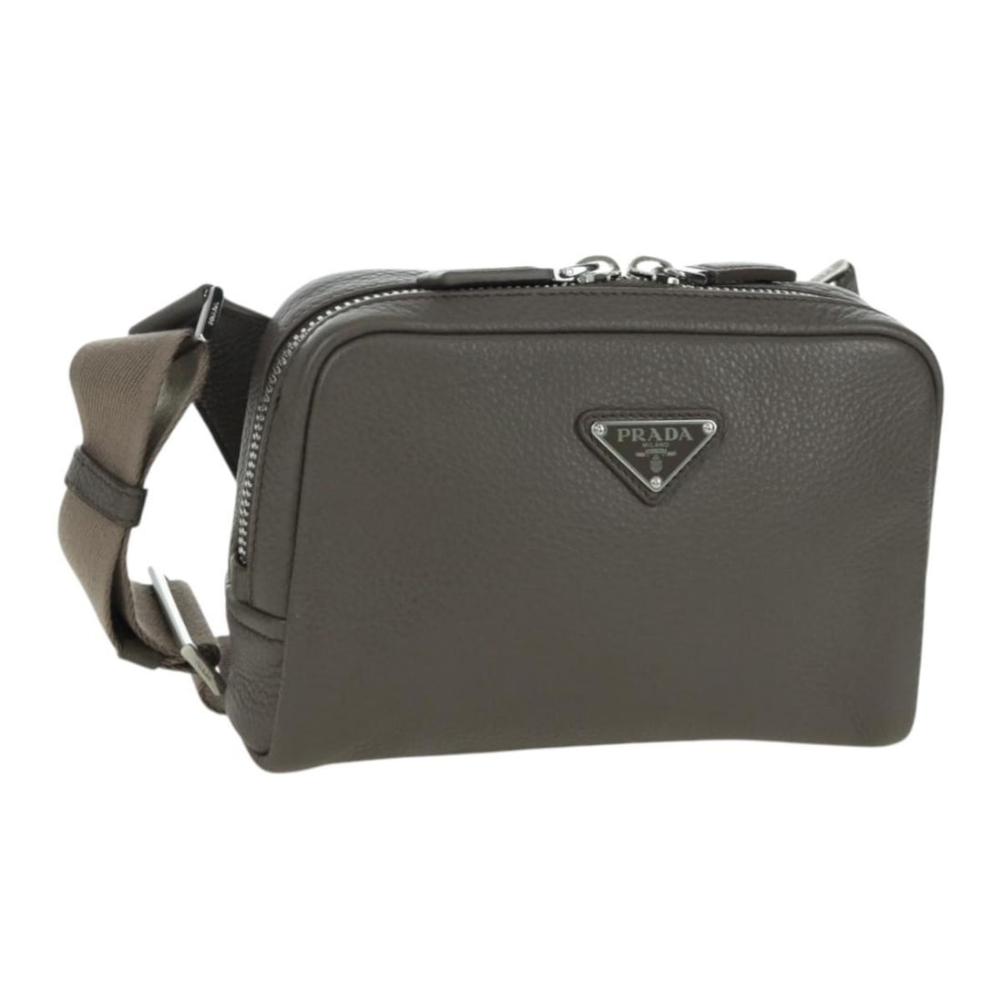 Prada Vitterodino Gray Leather Shoulder Bag 2VH184 with Dust Bag: Prada Vitterodino Gray Leather Shoulder Bag 2VH184 with Dust Bag This PRADA Vitterodino shoulder bag features a sophisticated gray and silver leather exterior, designed for women. The bag includes an 