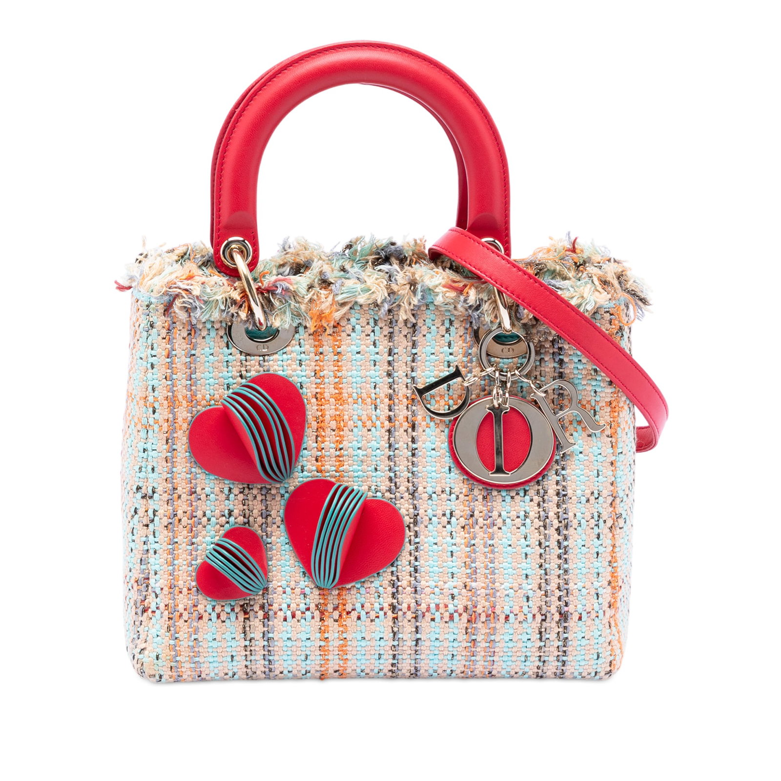 Dior Heart Deco Lady Dior Tweed Medium Orange Bag: Dior Heart Deco Lady Dior Tweed Medium Orange Bag This Medium Tweed Heart Deco Lady Dior bag features a tweed fabric exterior in orange, complemented by flat leather handles and a detachable flat leat