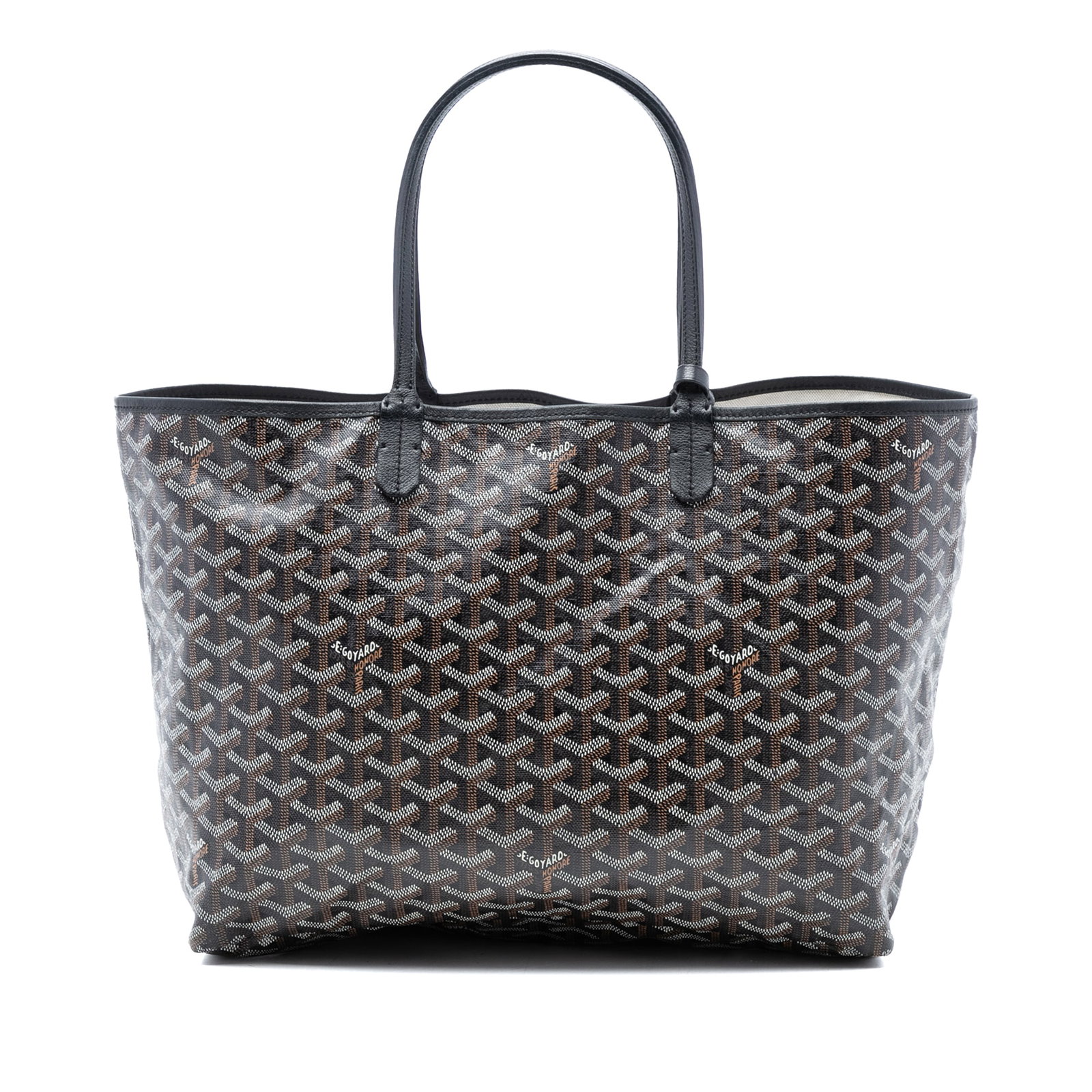Goyard Saint Louis PM Black Coated Canvas Tote with Leather Handles: Goyard Saint Louis PM Black Coated Canvas Tote with Leather Handles This Goyardine Saint Louis PM features a coated canvas body with flat leather handles and an open top design. The bag is crafted in 